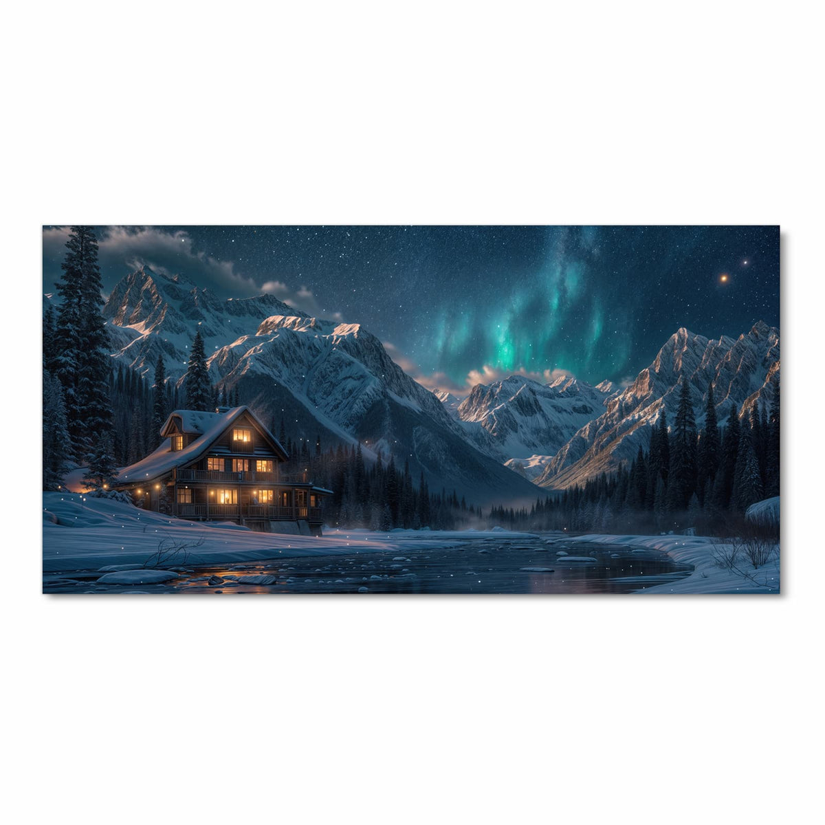 Farbbeständiger abwaschbarer Küchenläufer mit Motiv Berghütte im Winter in Frontansicht