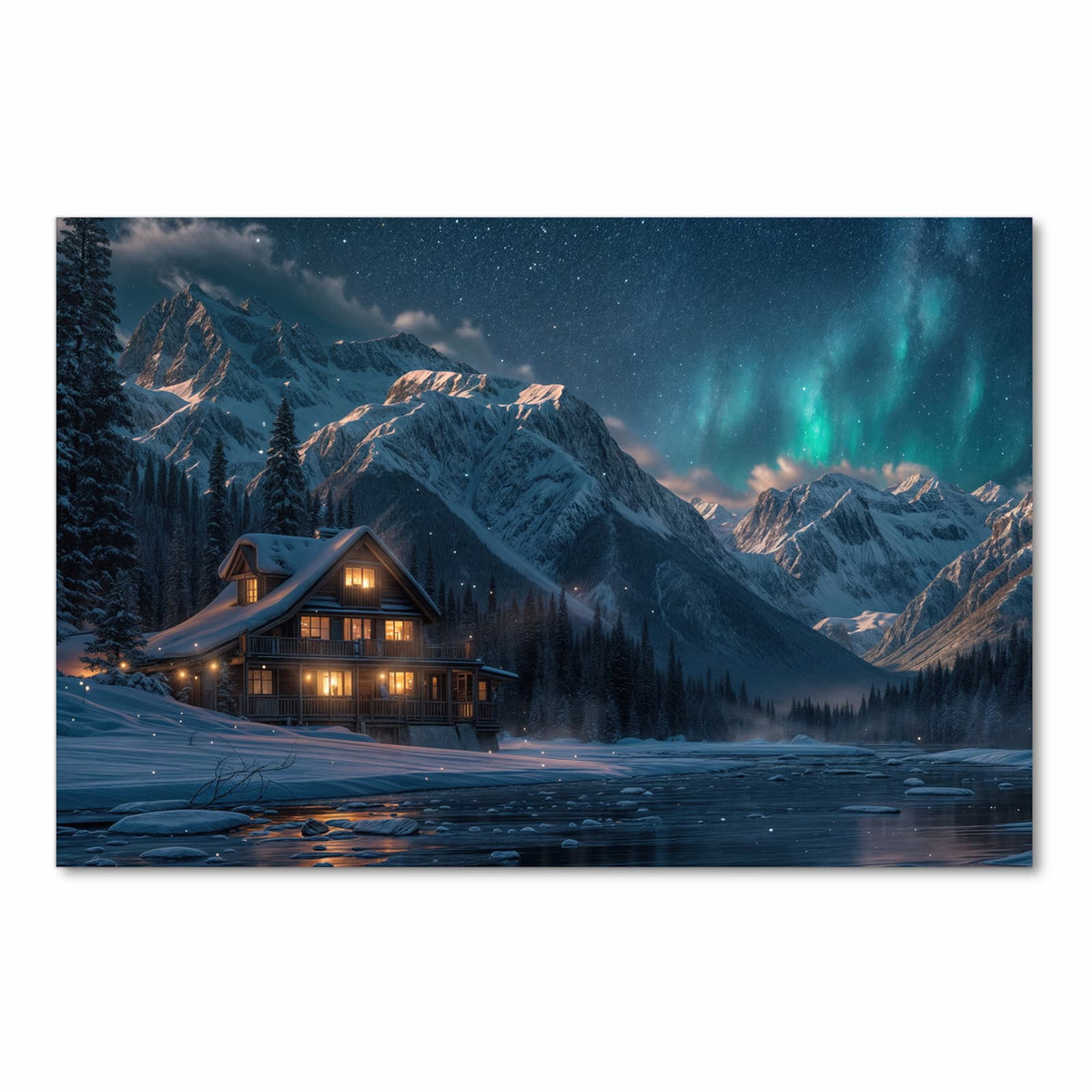 UV-beständiger Teppich für die Küche mit Motiv Berghütte im Winter in Frontansicht