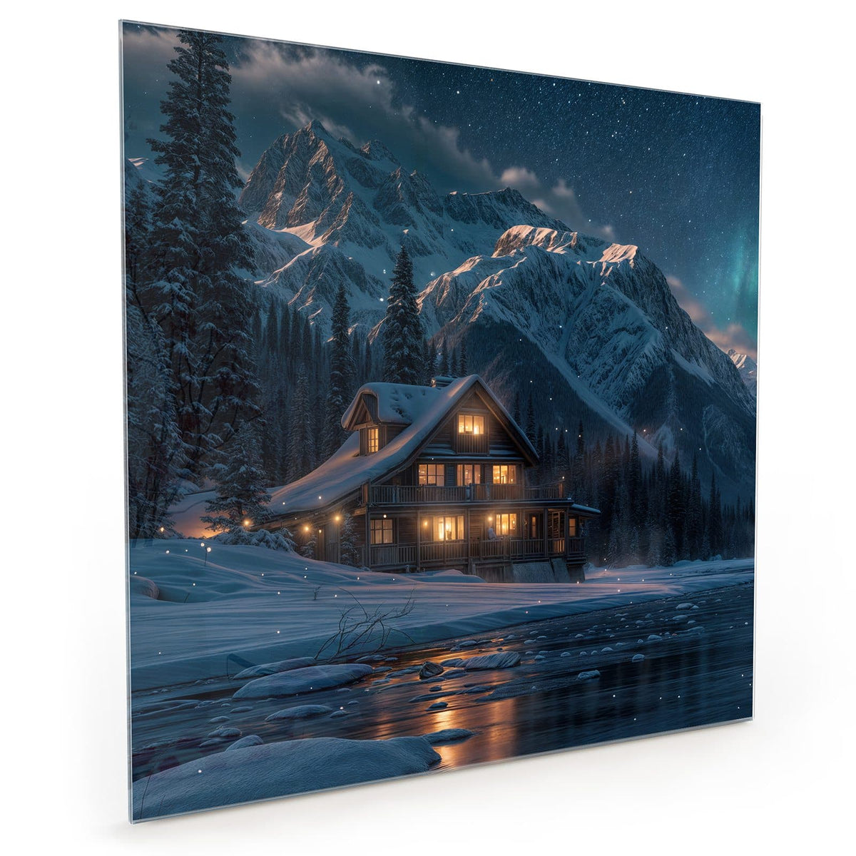 Küchenrückwand aus Glas im quadratischen Format mit Motiv Berghütte im Winter: Erleuchtetes Holzhaus im Schnee vor Bergkette und Sternenhimmel #grösse_40 x 40 cm #grösse_50 x 50 cm #grösse_60 x 60 cm