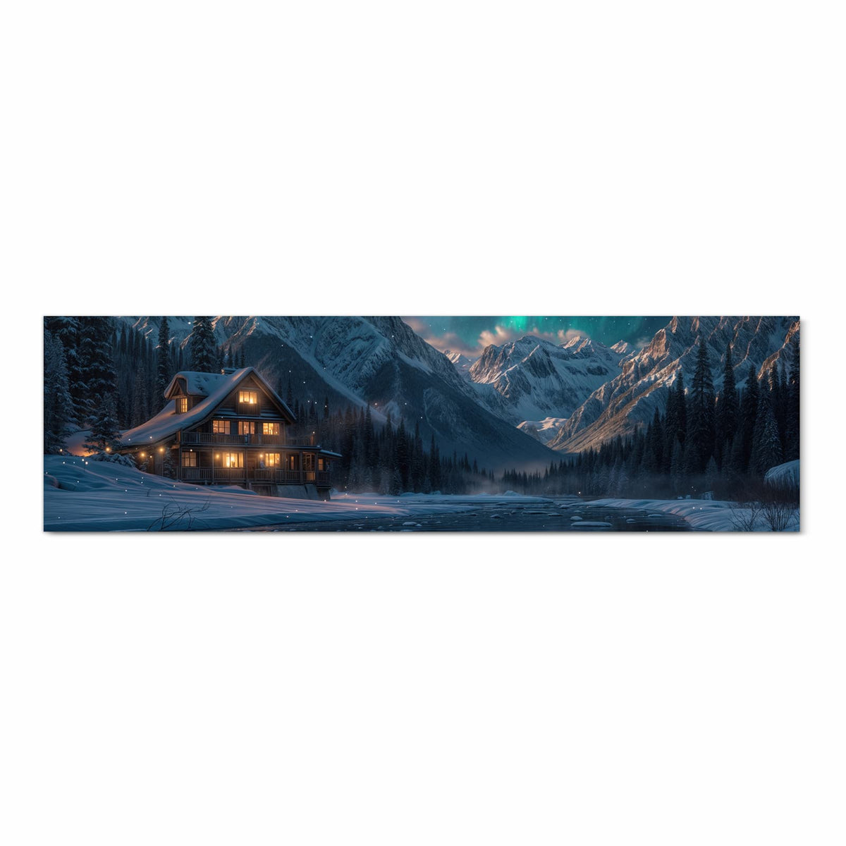 Wasserabweisender Küchenteppich mit Motiv Berghütte im Winter in Frontansicht