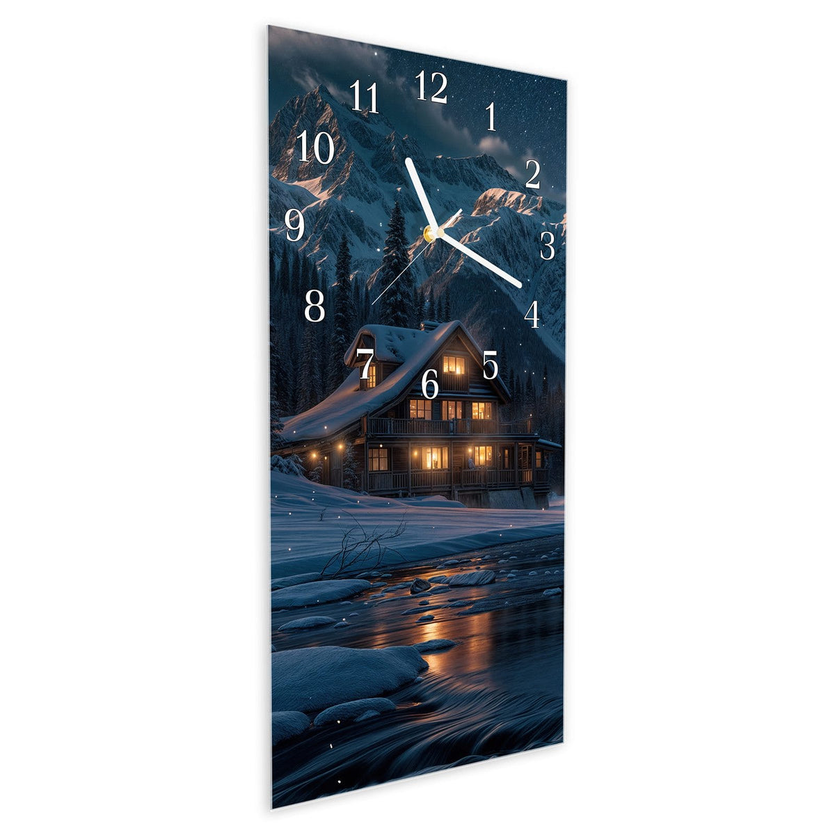 Vormontiert – mit Schwebeeffekt – Wanduhr Berghütte im Winter aus Glas – Hochformat 30 × 60 cm
