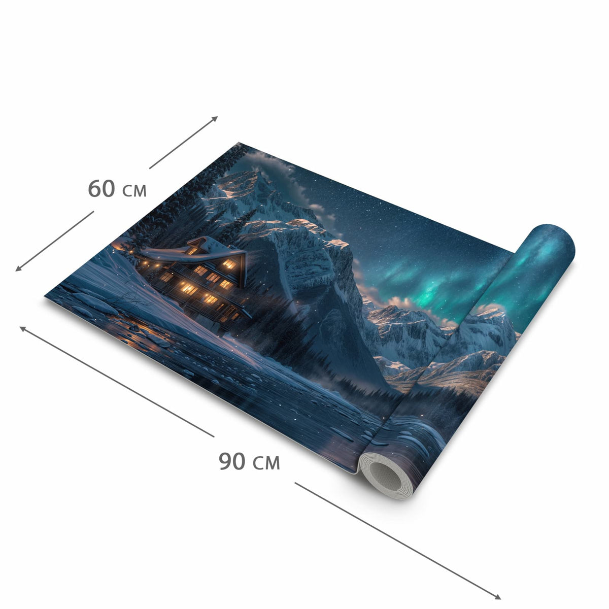 Rutschfester waschbarer Teppich Esstisch mit Motiv Berghütte im Winter in der Grösse 90x240 cm