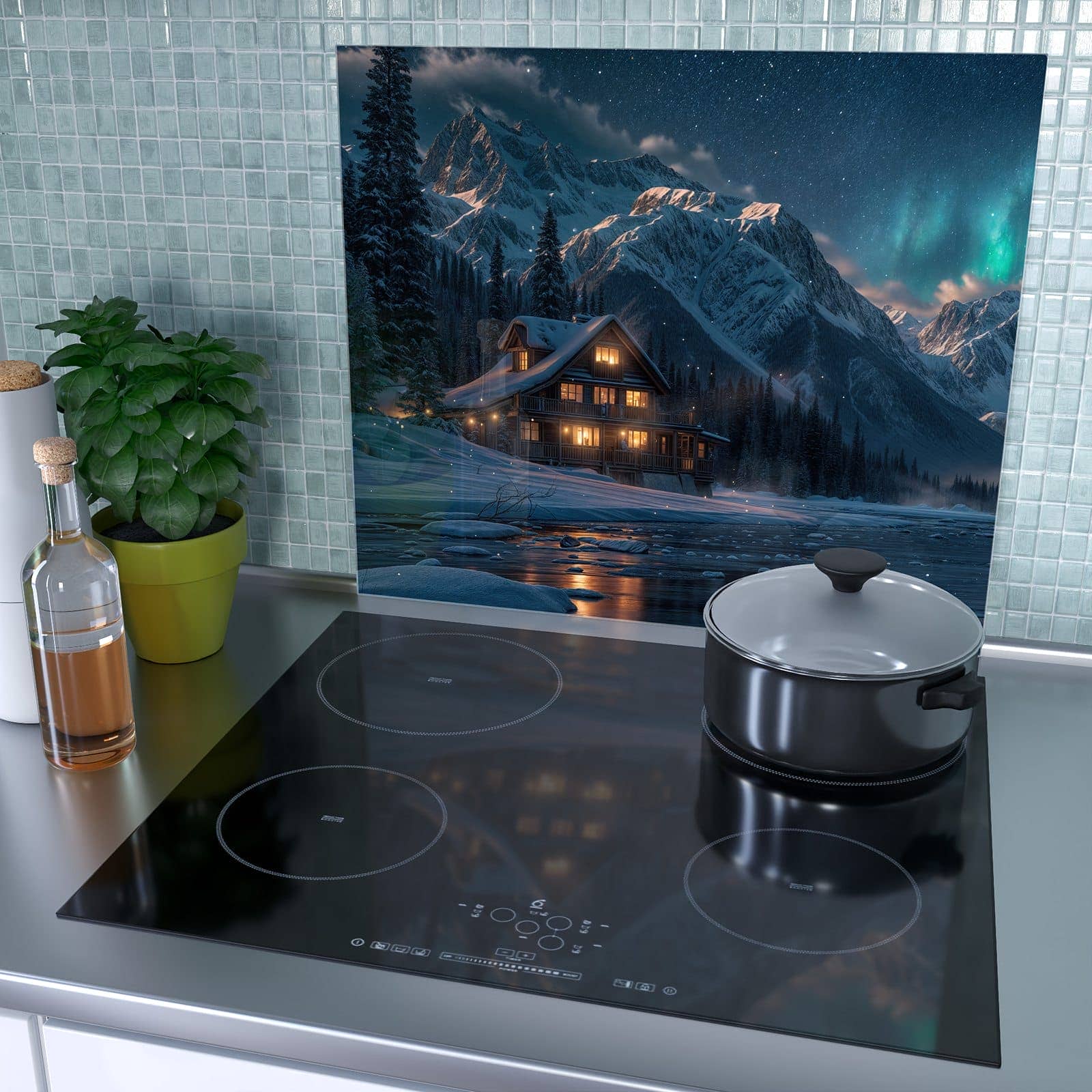 1-teilige Herdabdeckplatte für Ceranfeld mit Berghütte im Winter-Motiv als Spritzschutz