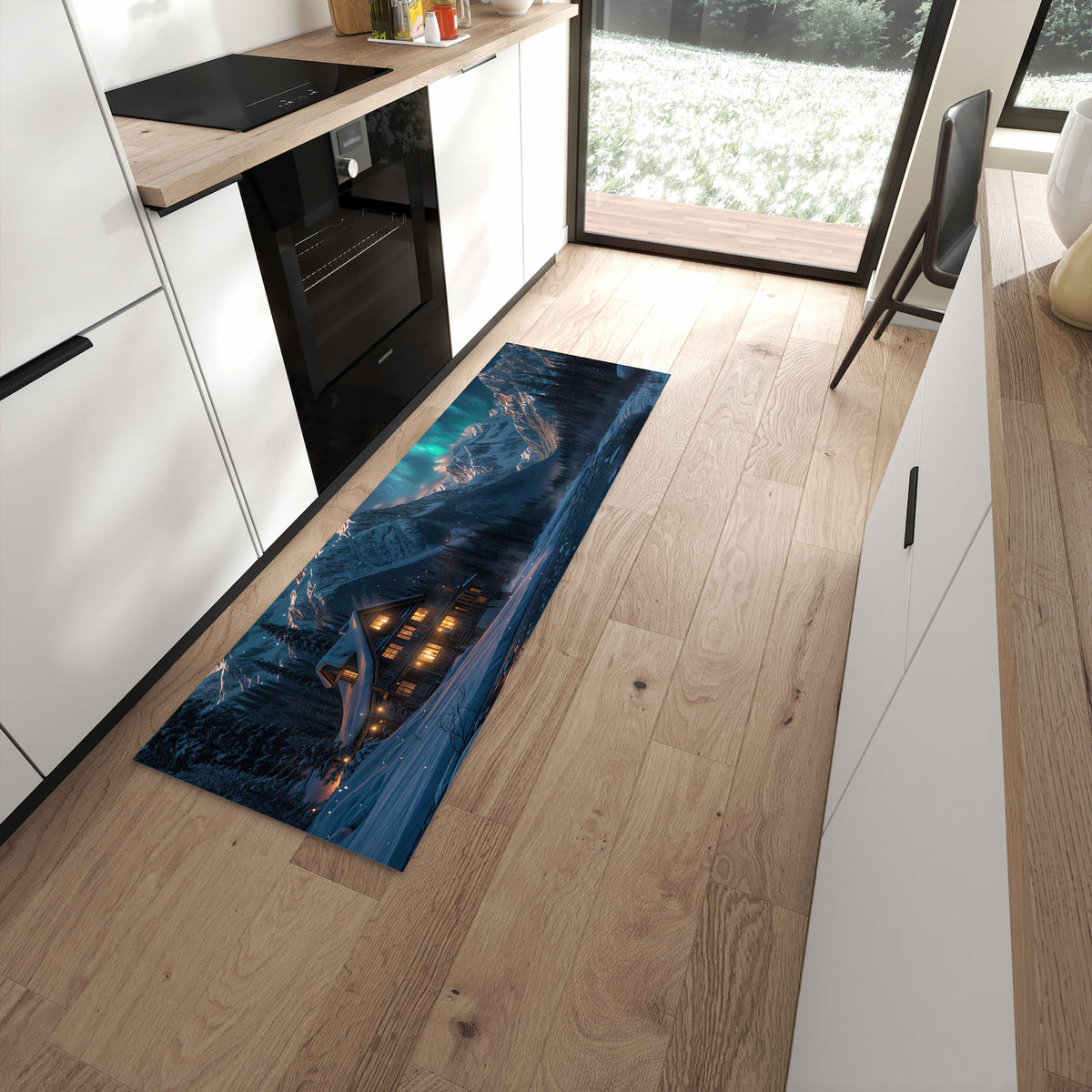 Leicht zu reinigender Küchenteppich mit Motiv Berghütte im Winter in moderner Küche