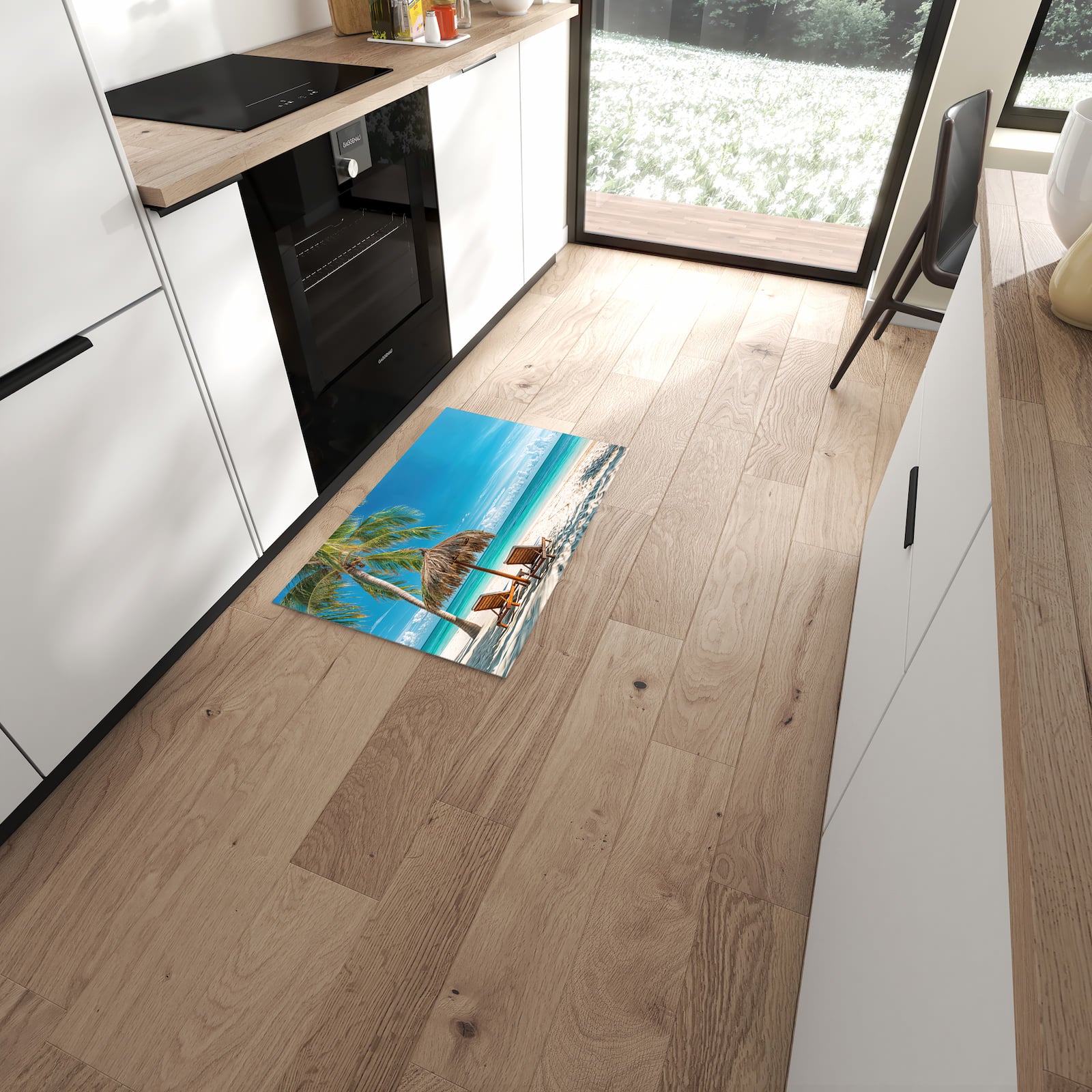 Wasserabweisender Teppich für Esstisch mit Motiv Strandparadies in moderner Küche