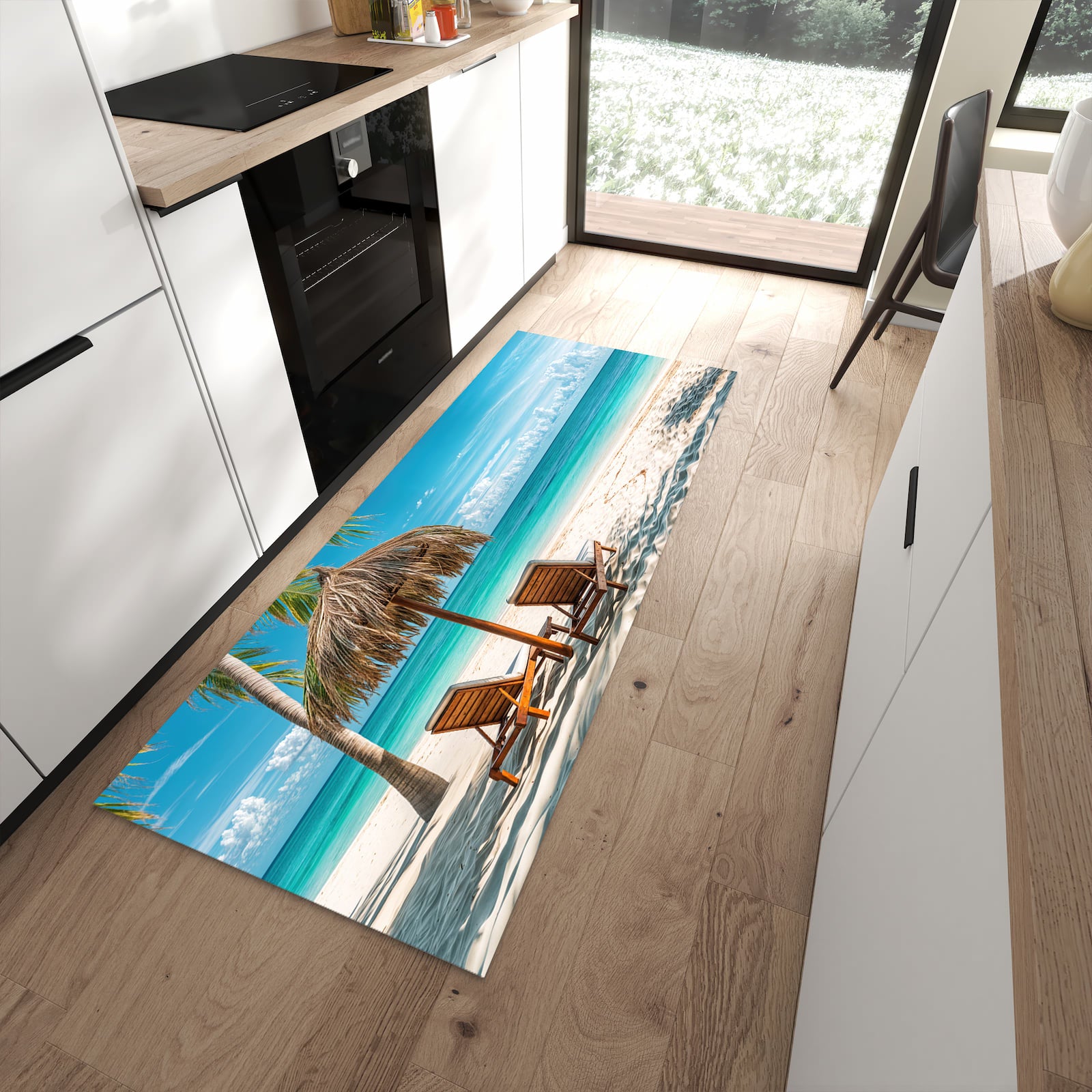 Fleckenresistenter rutschfester Küchenteppich mit Motiv Strandparadies in moderner Küche