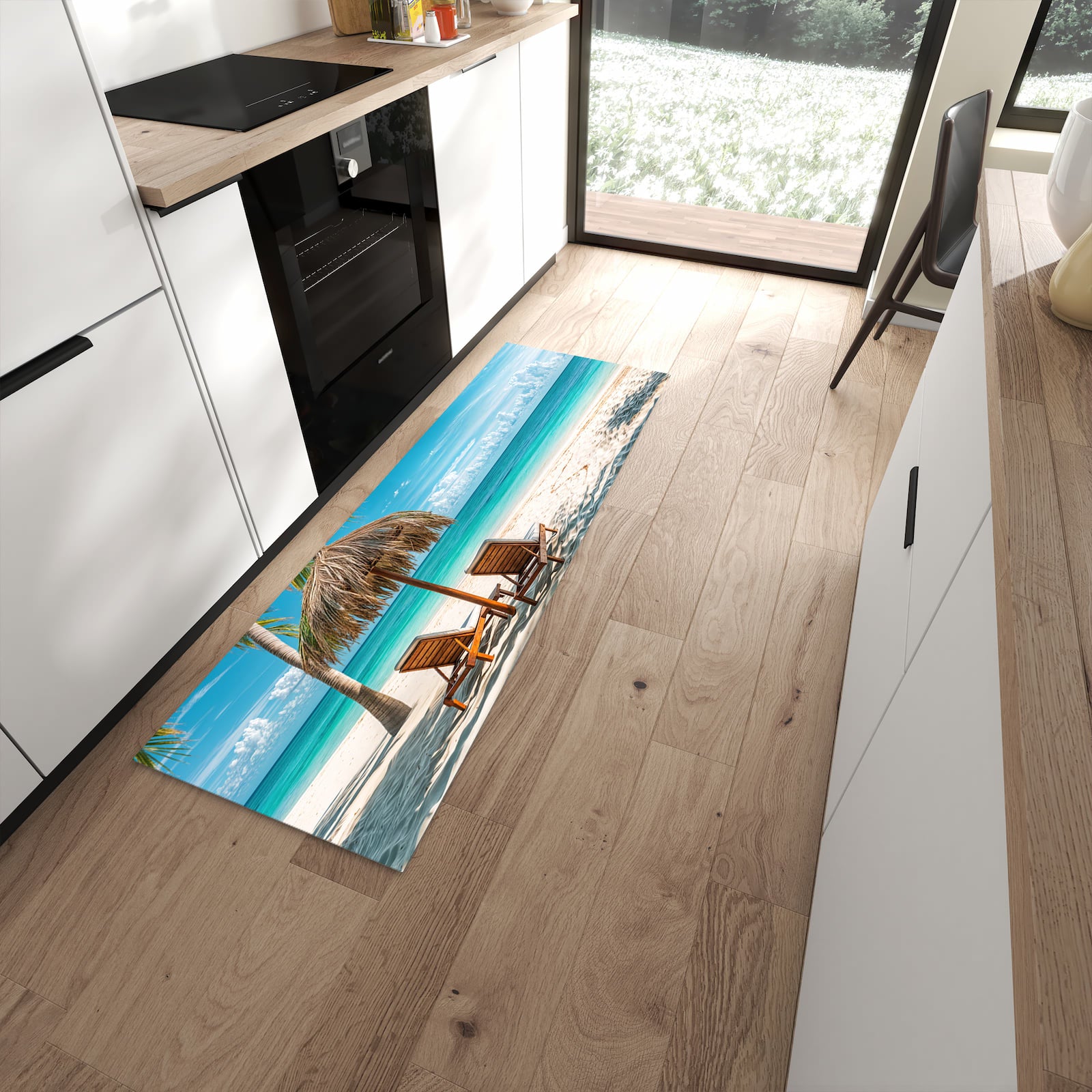 Geräuschdämpfender dünner Teppich mit Motiv Strandparadies in moderner Küche