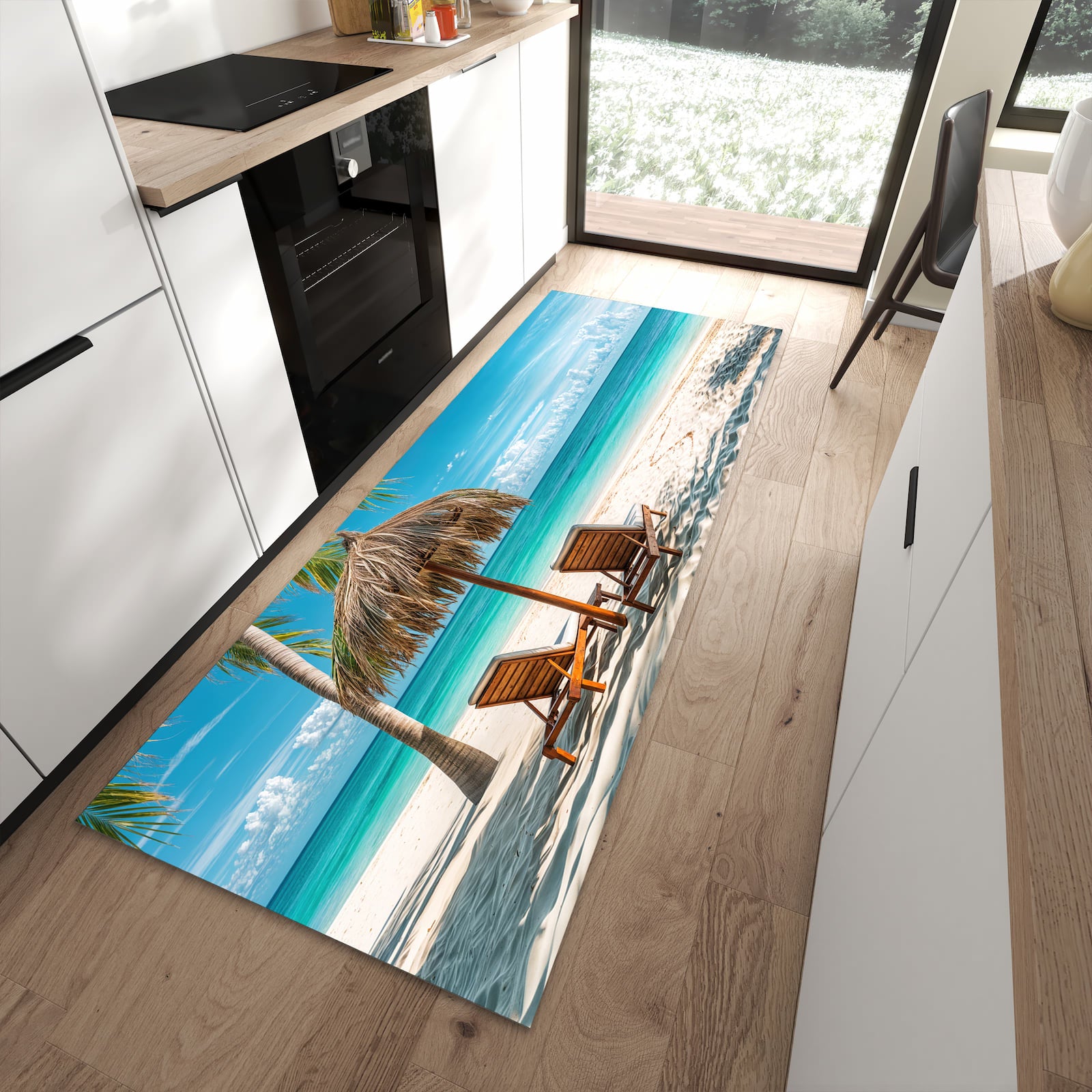 Pflegeleichter Küchenteppich mit Motiv Strandparadies in moderner Küche