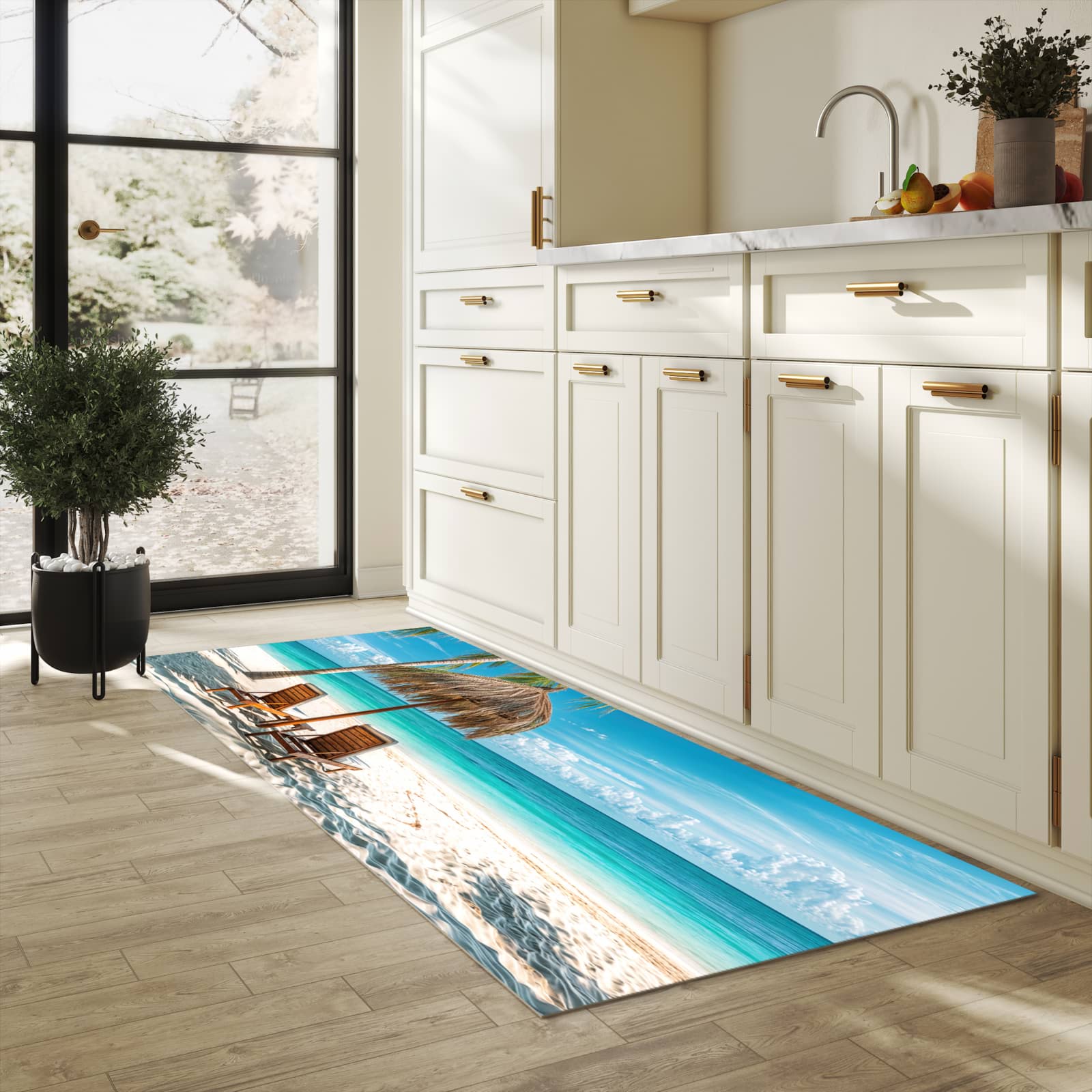 Abriebfester Läufer für die Küche mit Motiv Strandparadies in heller Küche