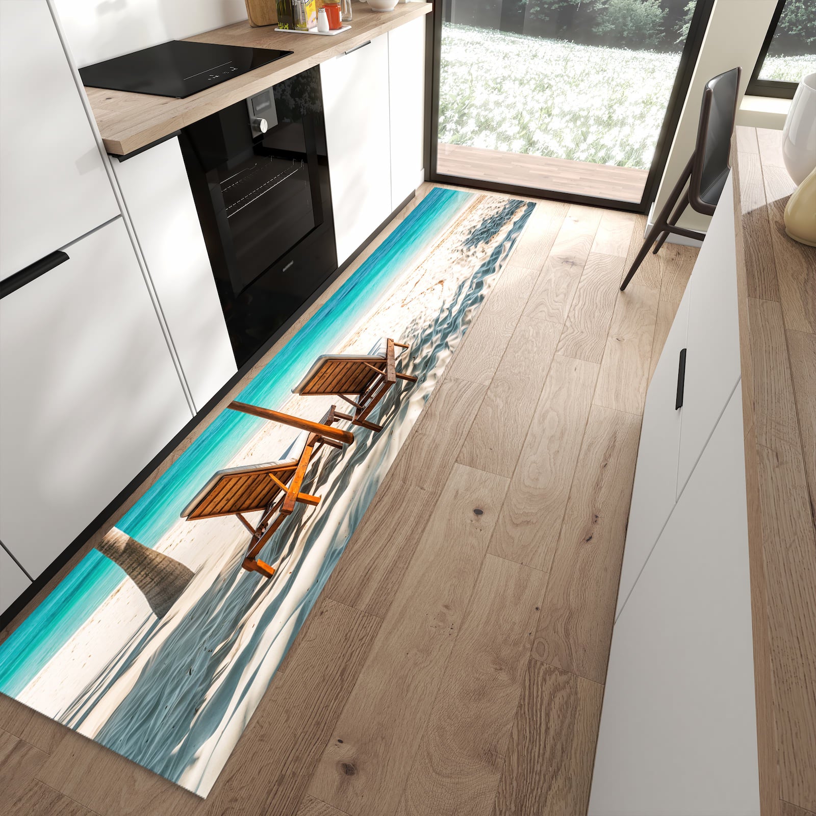 Küchenteppich mit Motiv Strandparadies für Trittkomfort in moderner Küche, waschbar