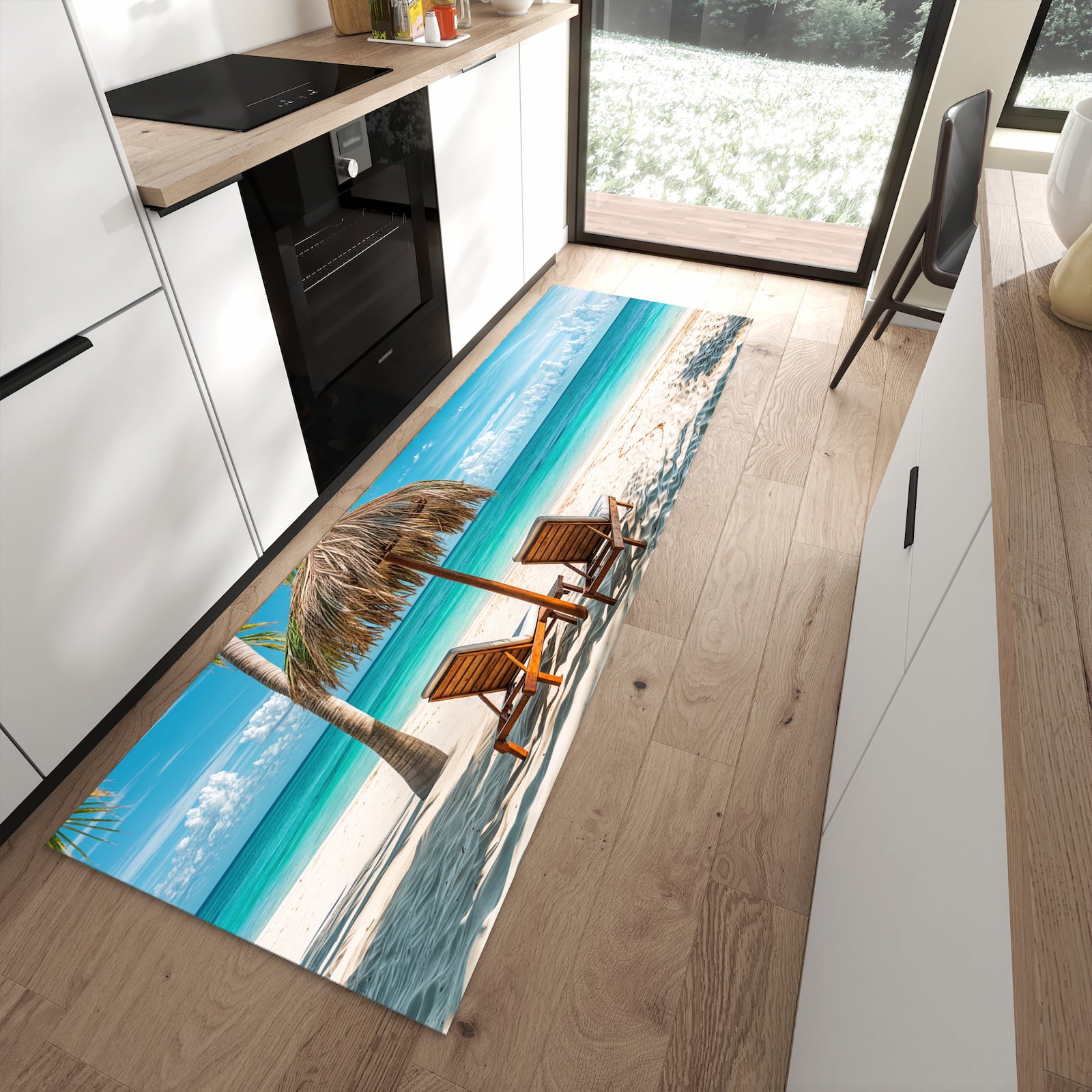 Schmutzabweisender Bodenläufer mit Motiv Strandparadies in moderner Küche