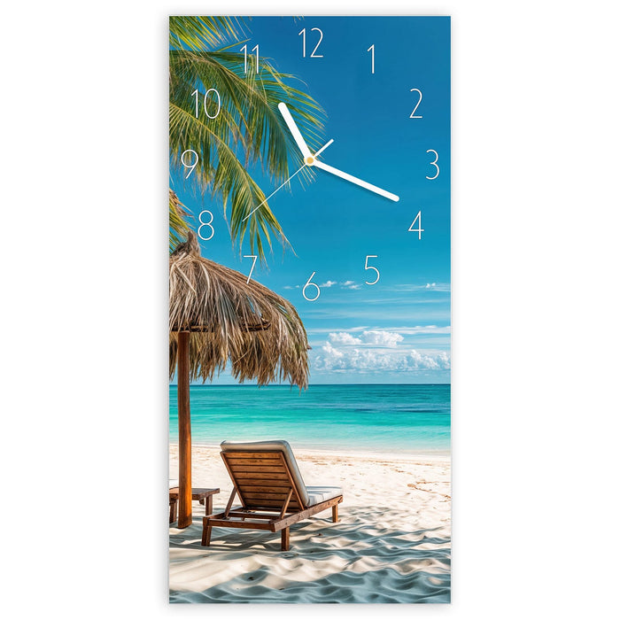 Wanduhr Strandparadies aus Glas – Hochformat 30 × 60 cm mit Ziffernblatt Elegant