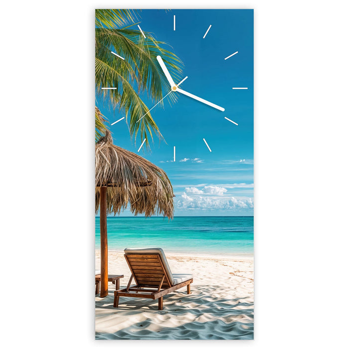 Wanduhr Strandparadies aus Glas – Hochformat 30 × 60 cm mit Ziffernblatt Linie