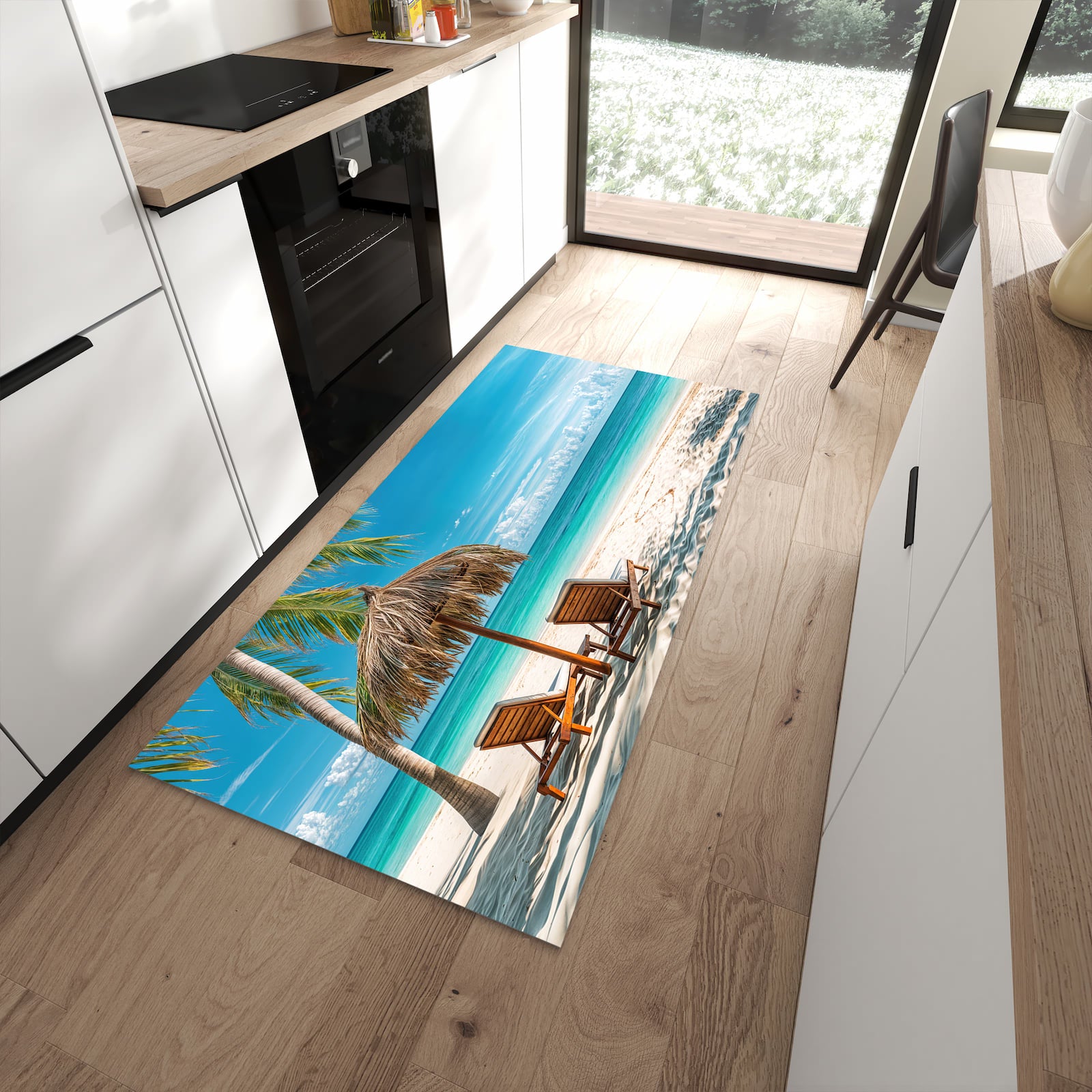 Flacher Küchenteppich mit Motiv Strandparadies in moderner Küche - waschbar