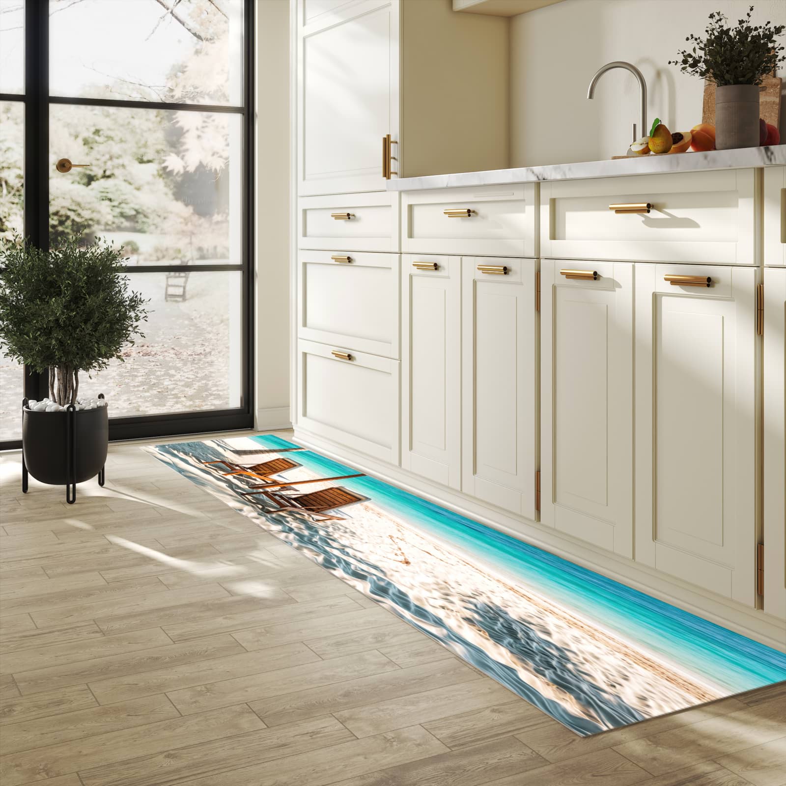 Pflegeleichter Küchenteppich mit Motiv Strandparadies in heller Küche