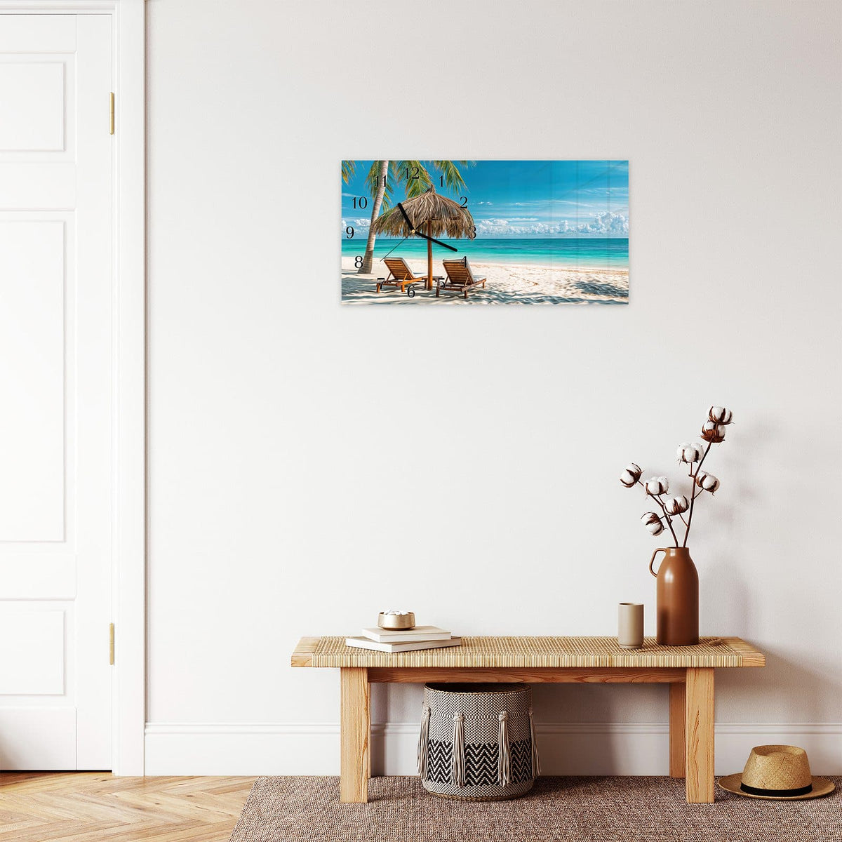 Moderne Wanduhr aus Glas mit Farbtiefe – Wanduhr Strandparadies aus Glas – Querformat 60 × 30 cm