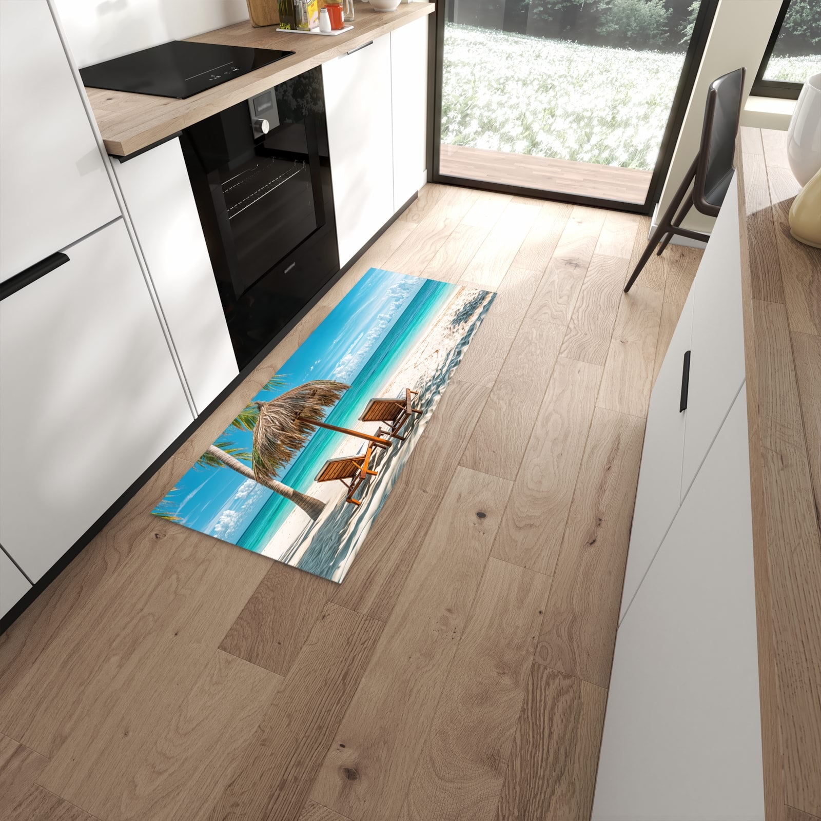 Zeitsparender rutschfester Läufer mit Motiv Strandparadies in moderner Küche #grösse_60 x 150 cm
