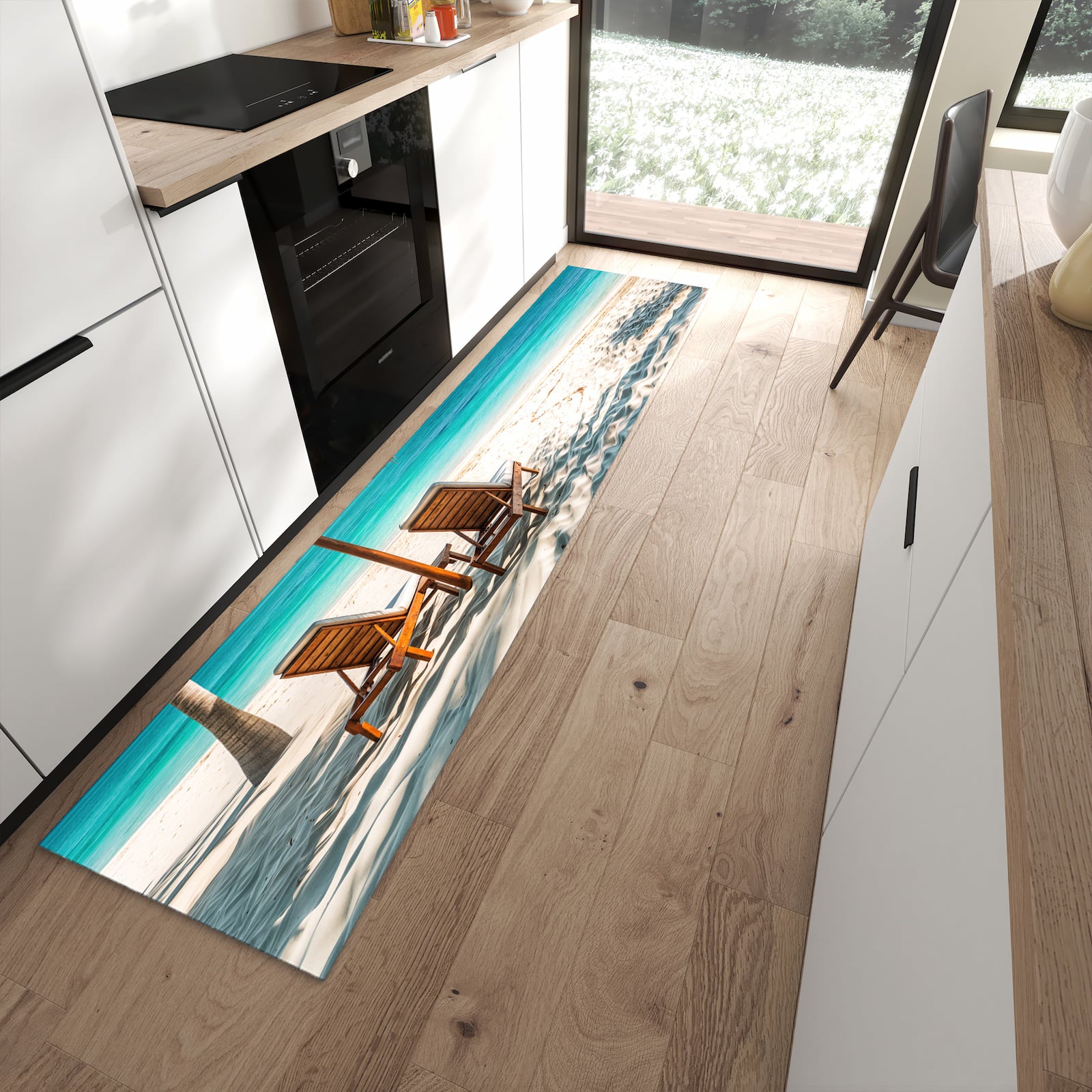 UV-beständiger waschbarer Küchenteppich mit Motiv Strandparadies in moderner Küche