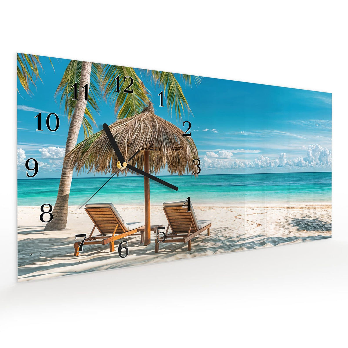 Vormontiert – mit Schwebeeffekt – Wanduhr Strandparadies aus Glas – Querformat 60 × 30 cm