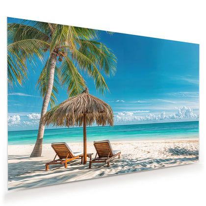 Wandbild mit dem Motiv Liegestühle am Strand