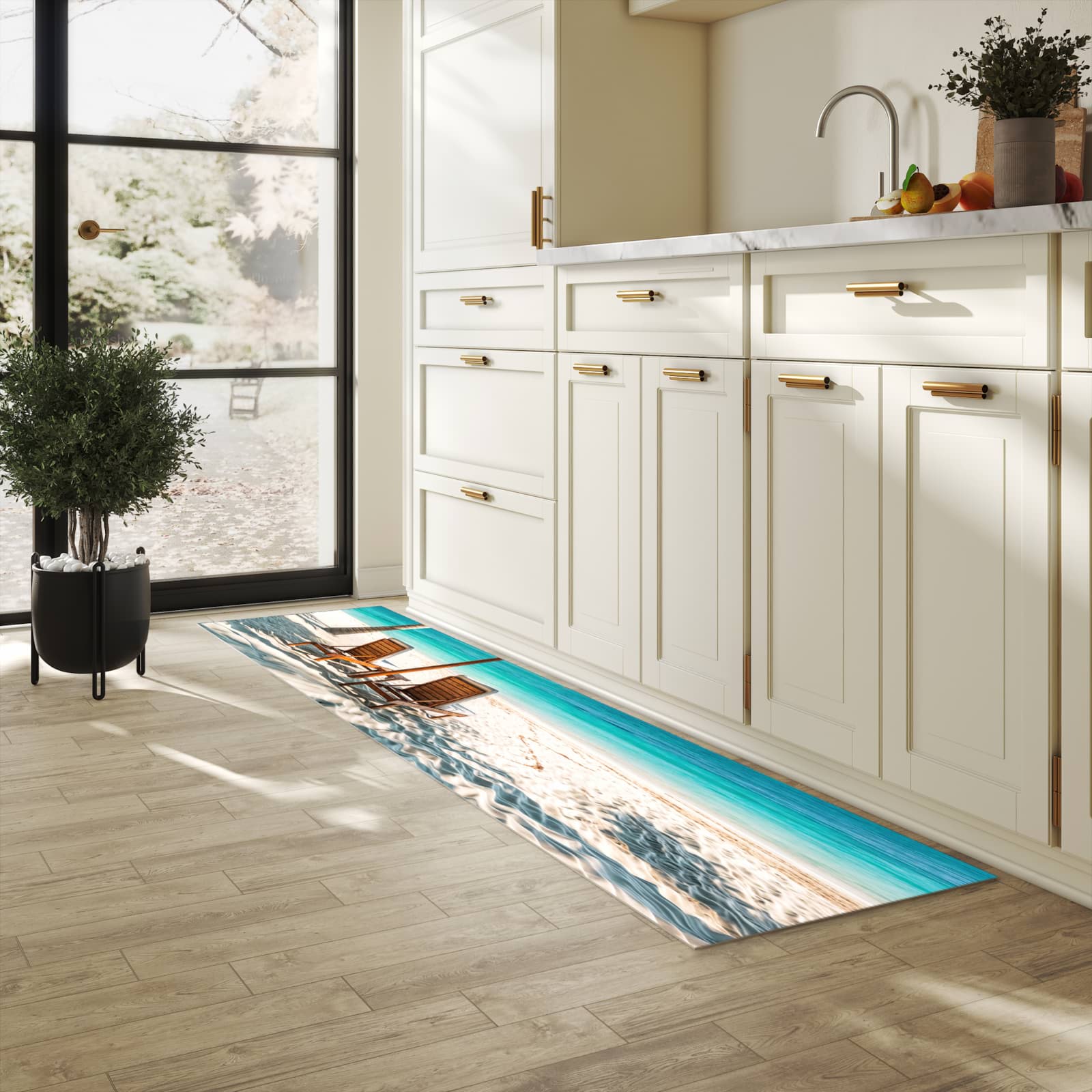 Rutschfester Küchenläufer mit Motiv Strandparadies in heller Küche