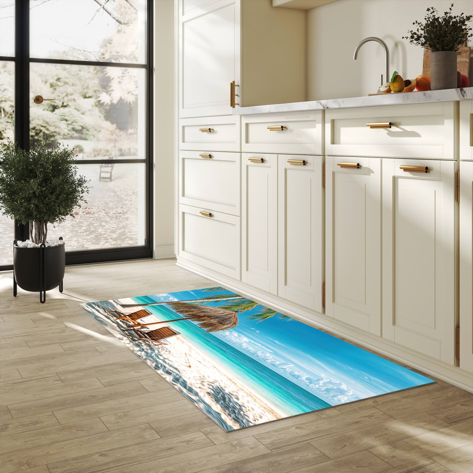 Rutschfester Küchenteppich mit Motiv Strandparadies in heller Küche