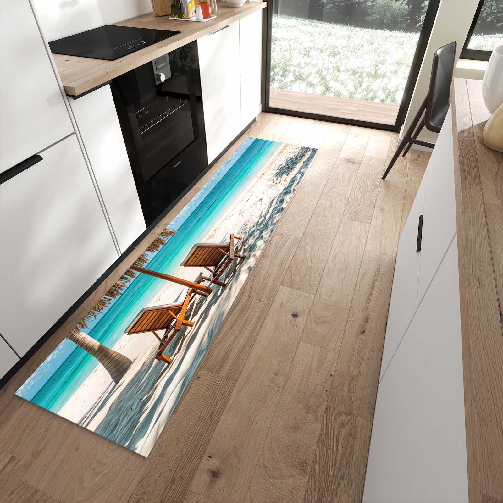 Abriebfester Küchenteppich mit Motiv Strandparadies in moderner Küche