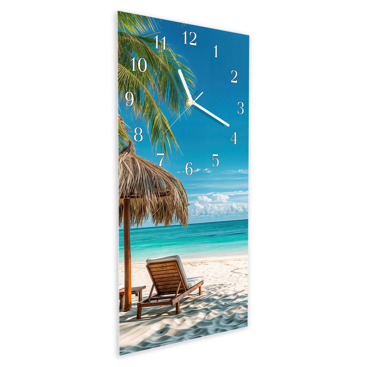 Vormontiert – mit Schwebeeffekt – Wanduhr Strandparadies aus Glas – Hochformat 30 × 60 cm