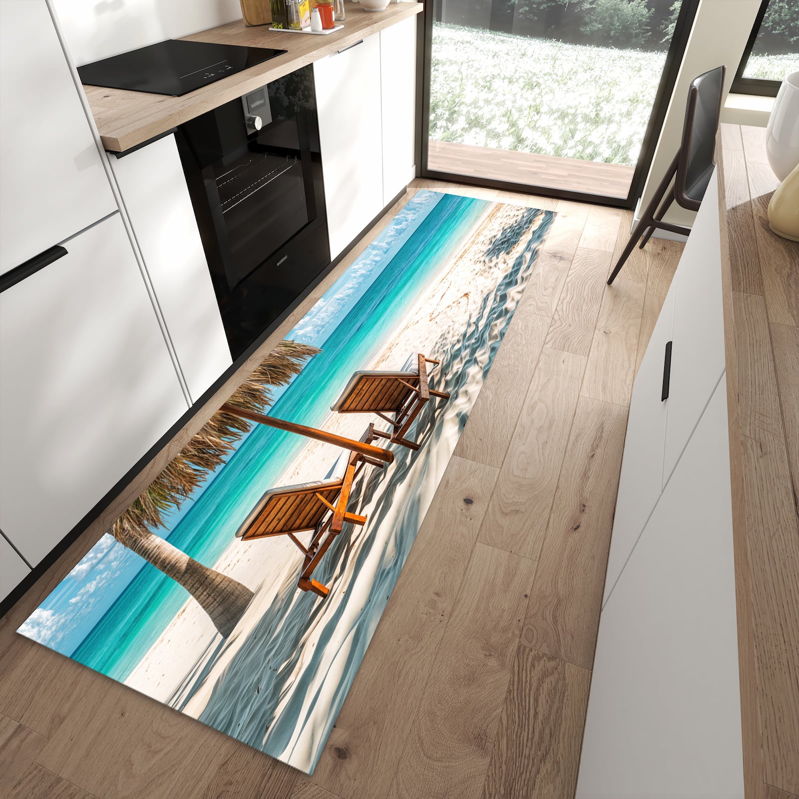 Geruchsneutraler Bodenläufer Teppich mit Motiv Strandparadies in moderner Küche