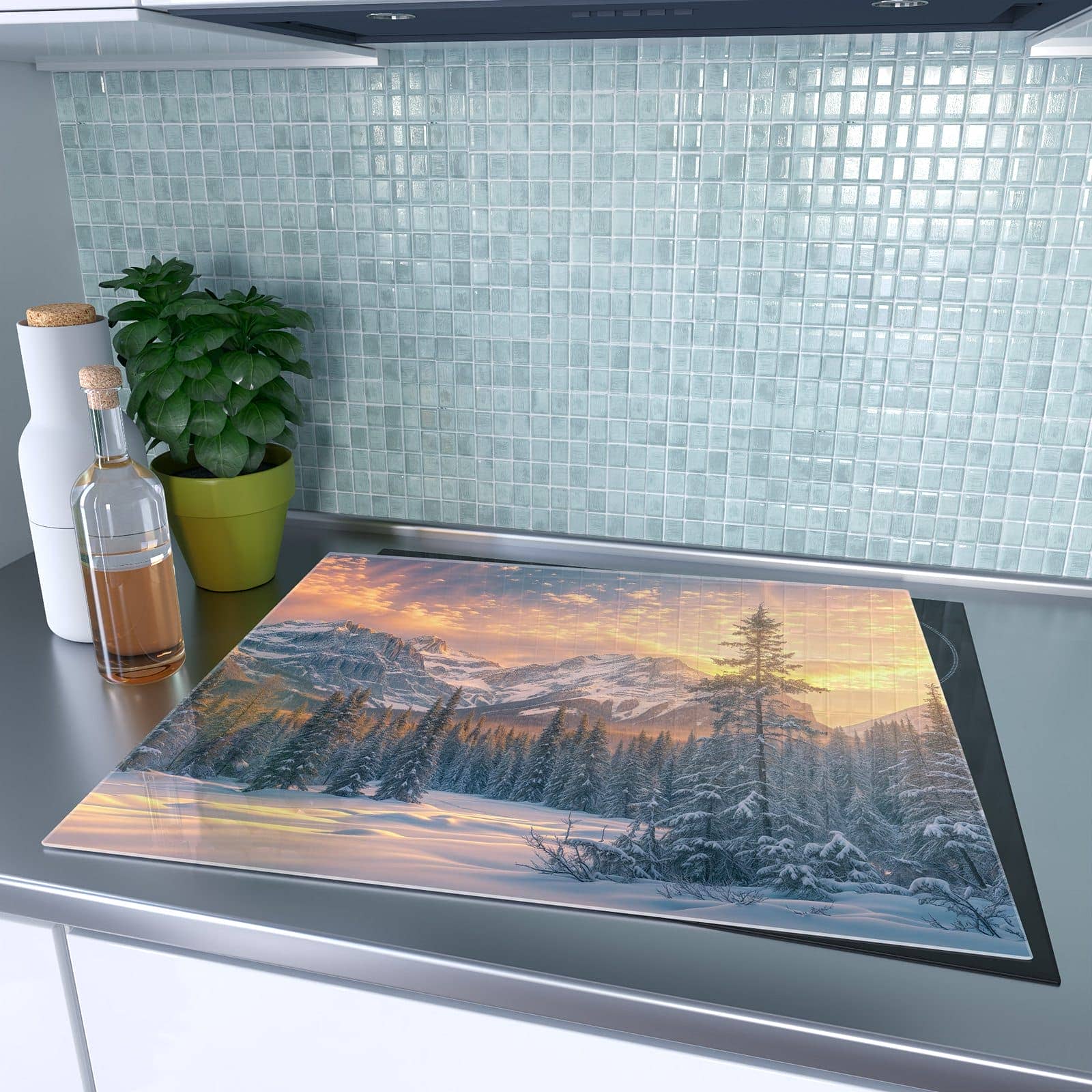 1-teilige Abdeckplatte für Induktionsherd mit Berglandschaft Winter-Motiv auf dem Ceranfeld