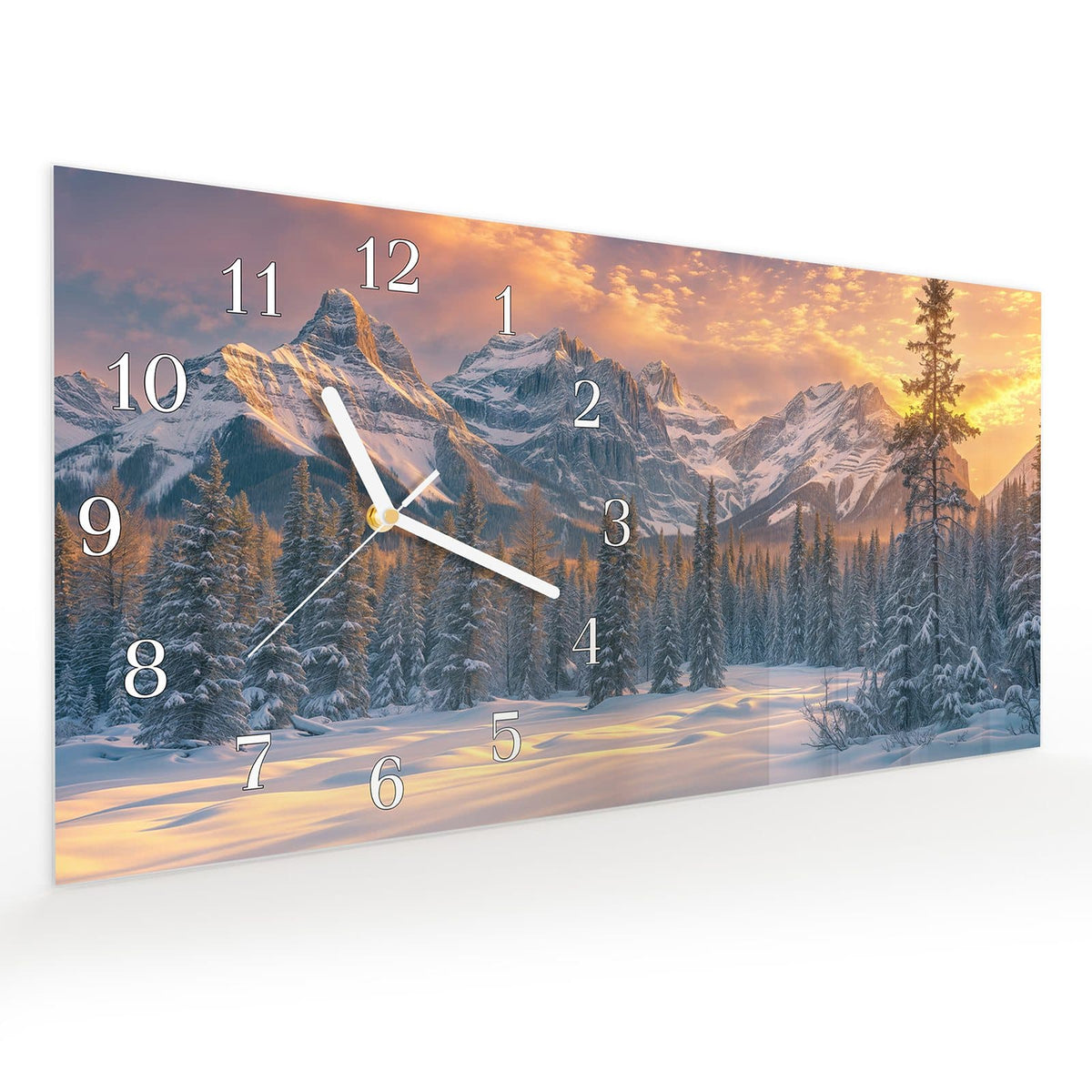 Vormontiert – mit Schwebeeffekt – Wanduhr Berglandschaft Winter aus Glas – Querformat 60 × 30 cm