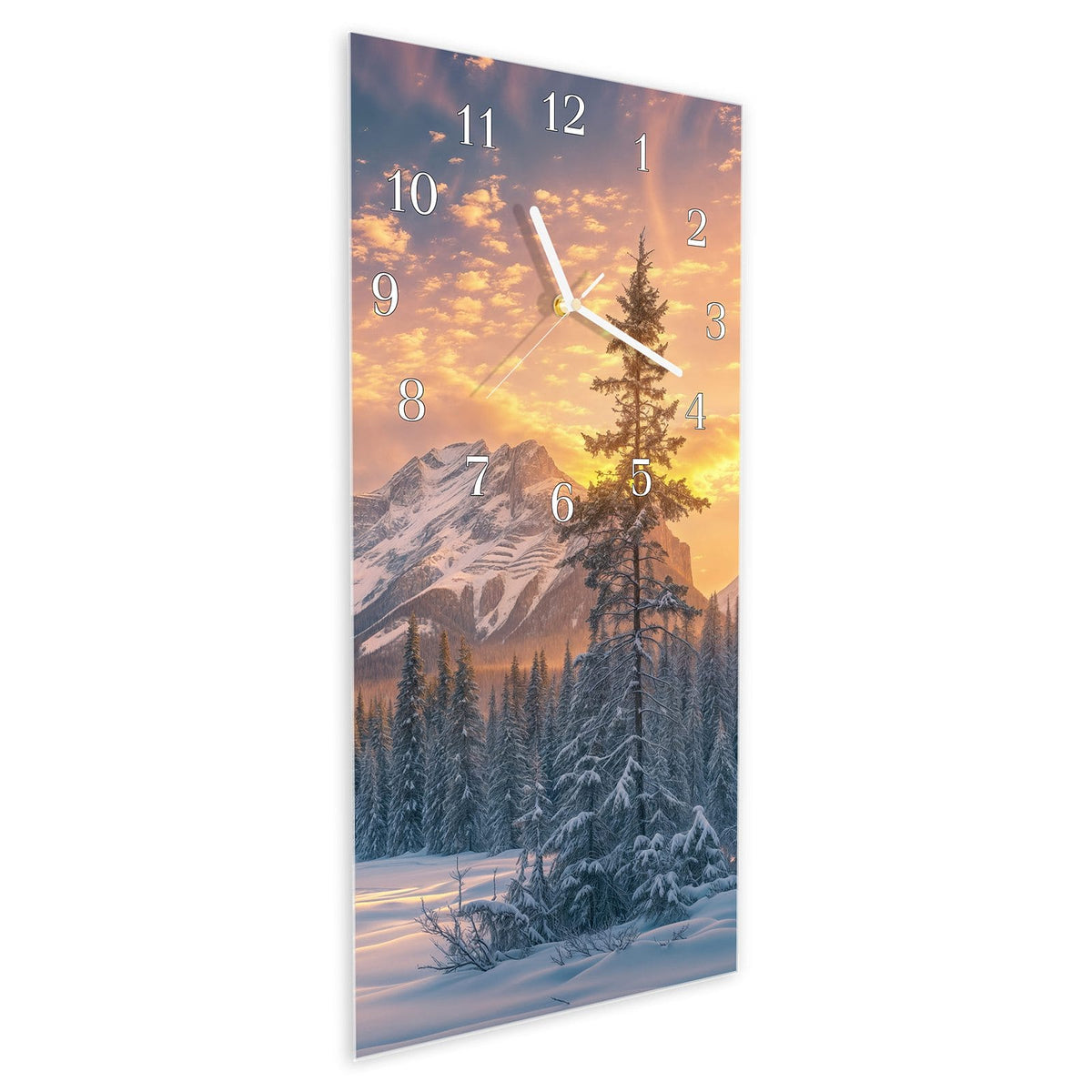 Vormontiert – mit Schwebeeffekt – Wanduhr Berglandschaft Winter aus Glas – Hochformat 30 × 60 cm