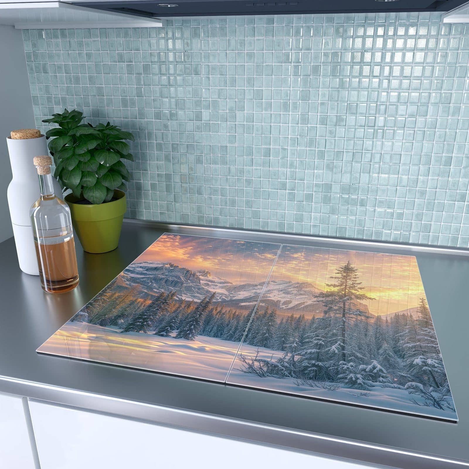 2-teilige Herdabdeckung mit Berglandschaft Winter-Motiv auf dem Ceranfeld