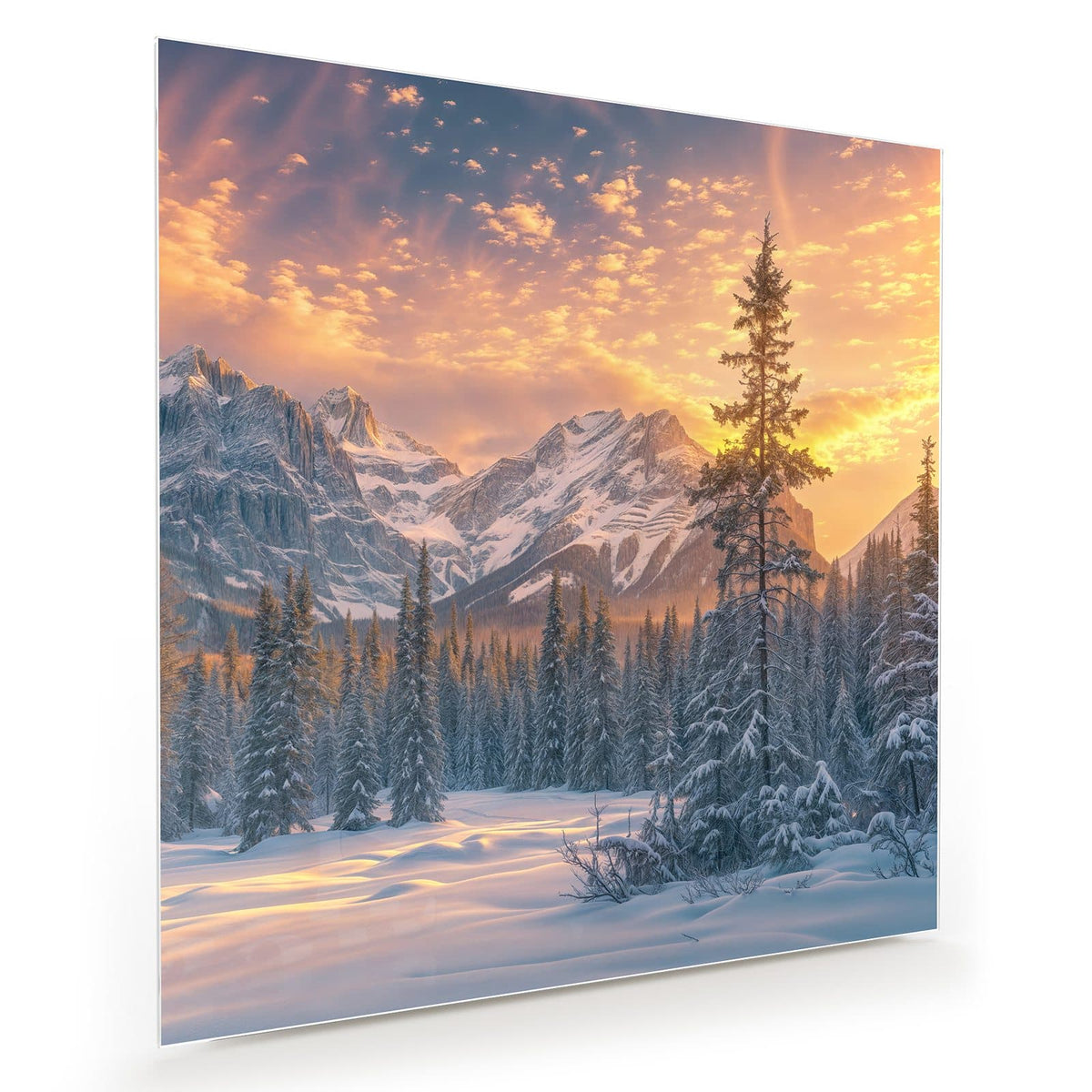 Verschneiter Nadelwald vor schneebedeckten Bergen unter orange-goldenem Abendhimmel.