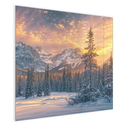 Magnettafel mit dem Motiv Winterwald vor Bergen