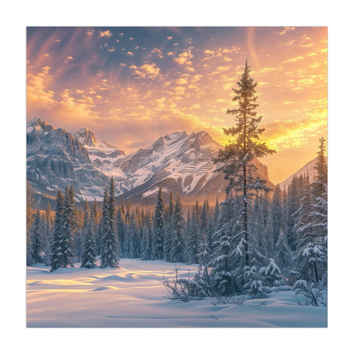Küchenrückwand aus Glas Winterwald vor Bergen im quadratischen Format, Motiv bildfüllend von vorn
