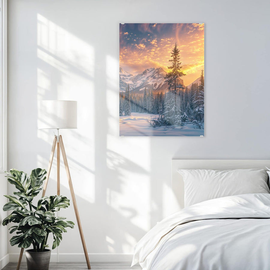 Maße Wandbild - Winterwald vor Bergen - Hochformat