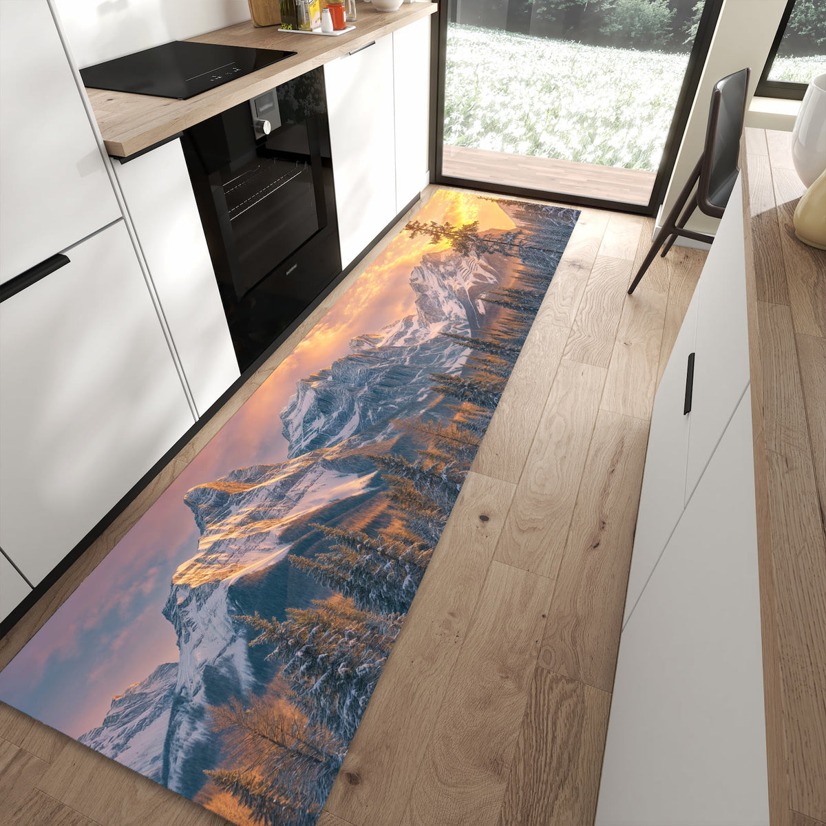 Bodenschonender waschbarer Küchenläufer mit Motiv Berglandschaft Winter in moderner Küche