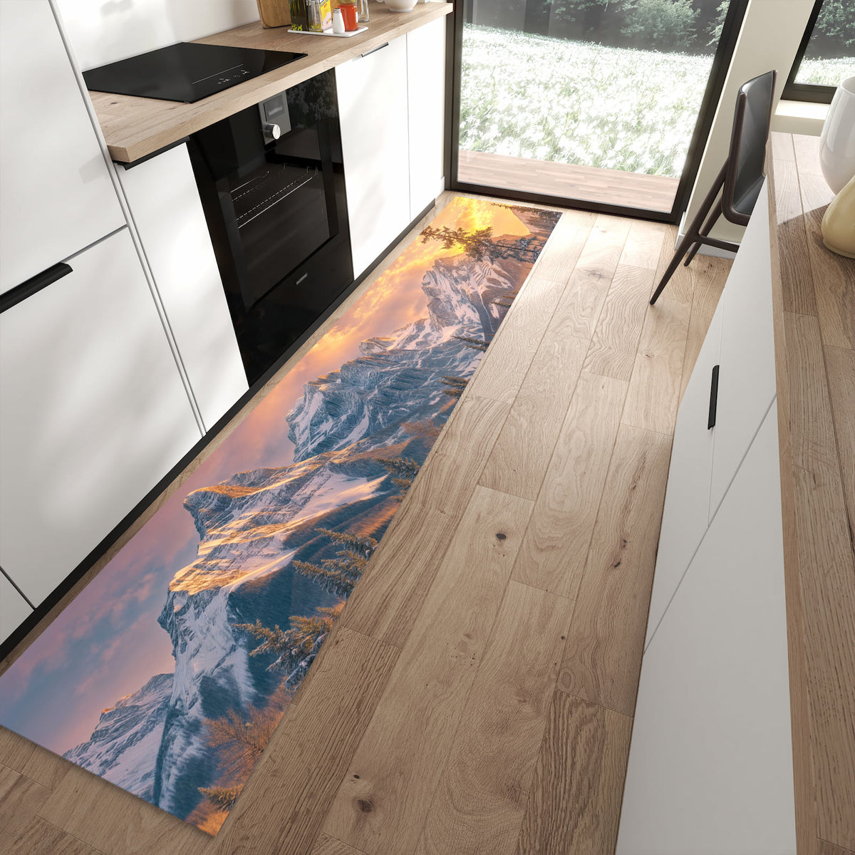 Langlebiger Küchenvorleger mit Motiv Berglandschaft Winter in moderner Küche