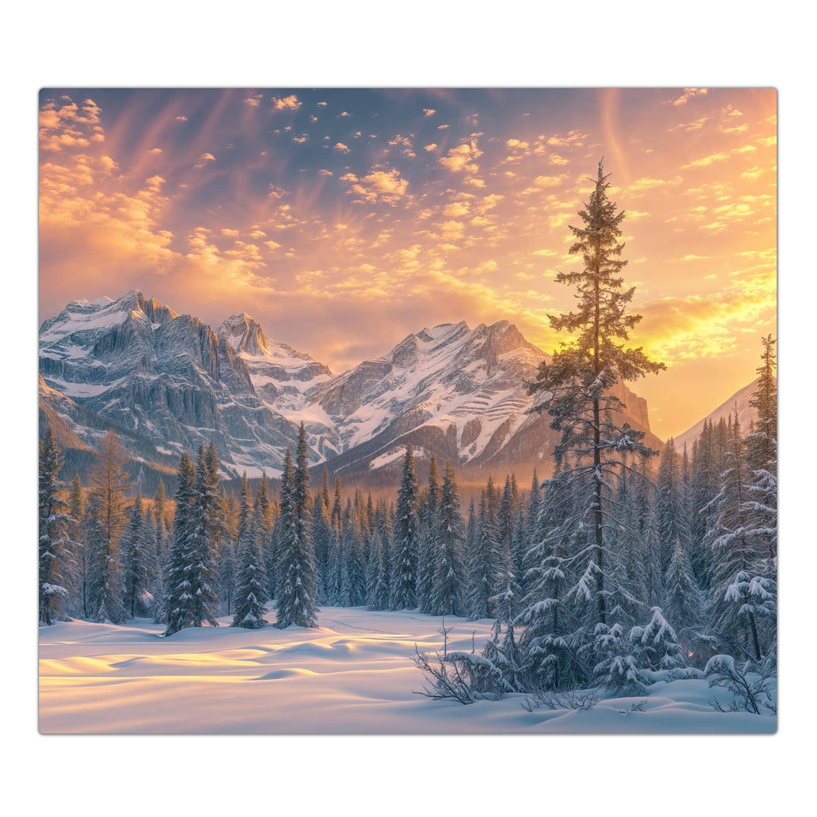 1-teilige Herdabdeckplatte mit Berglandschaft Winter-Motiv in der Frontansicht #grösse_1-Teilig (60x52cm)