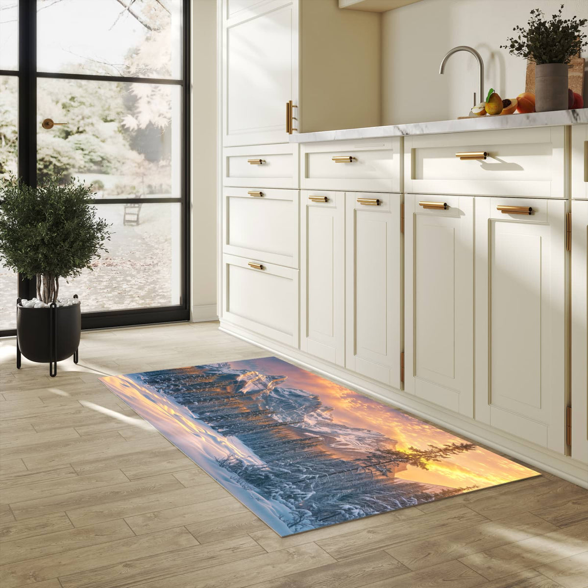 Schmutzabweisender moderner Küchenläufer mit Motiv Berglandschaft Winter in heller Küche
