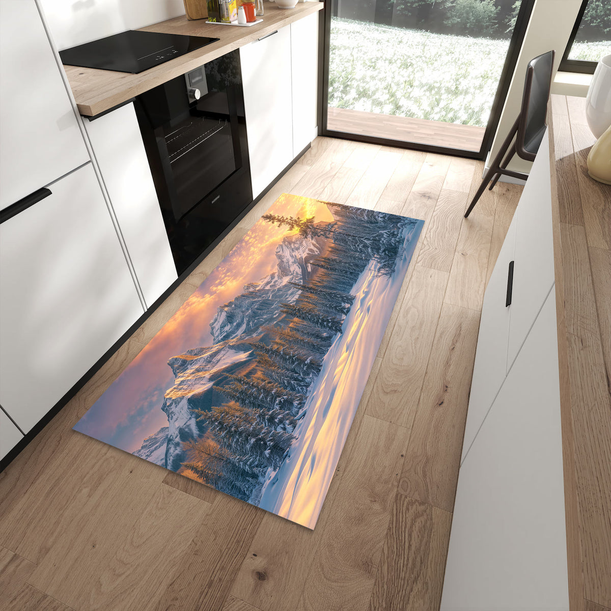 Farbbeständiger waschbarer Küchenläufer mit Motiv Berglandschaft Winter in moderner Küche
