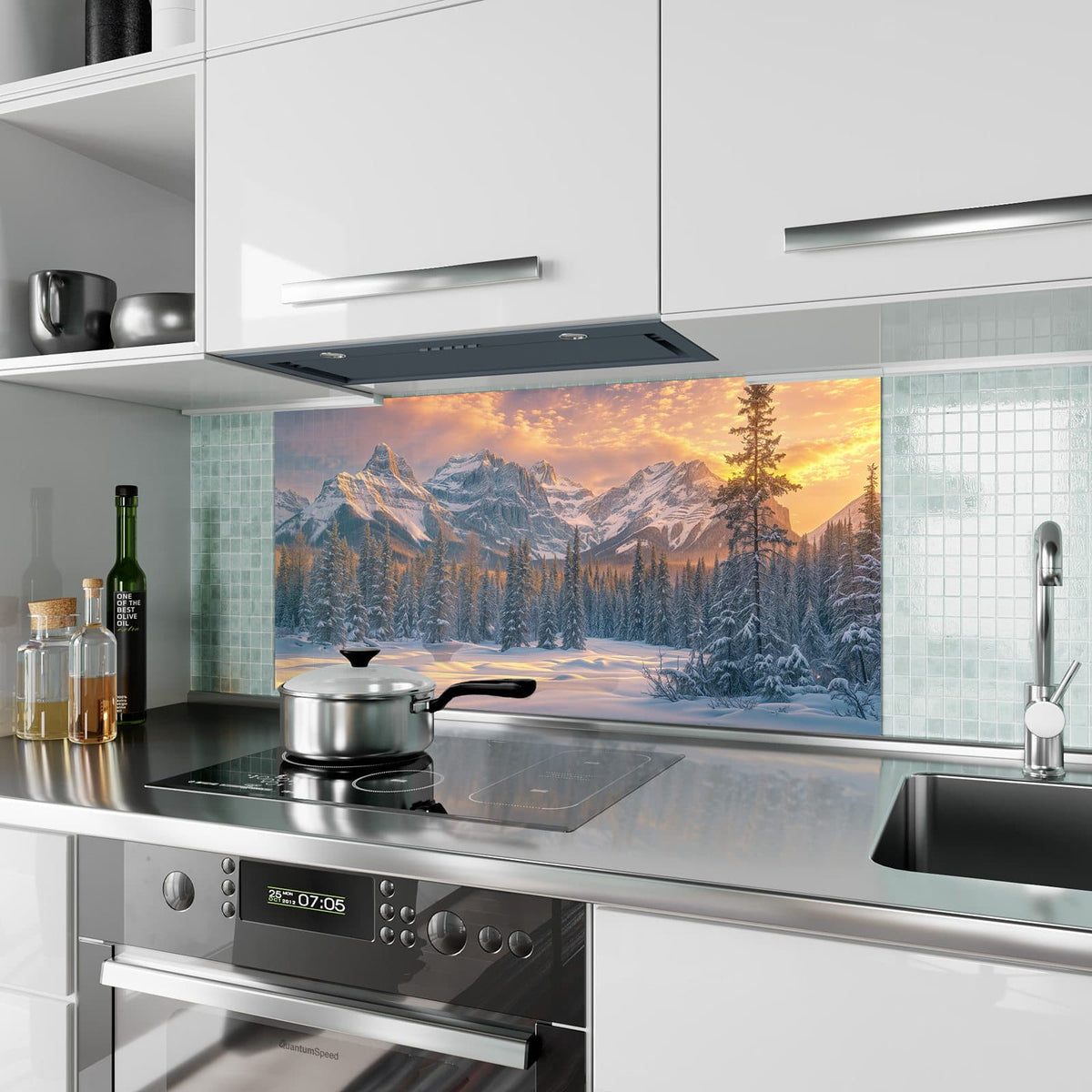 Küchenrückwand aus Glas Winterwald vor Bergen im Hochformat als Spritzschutz hinter dem Kochfeld, über dem Fliesenspiegel montiert