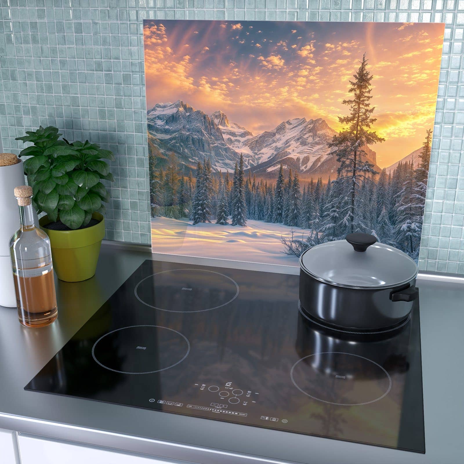 1-teilige Herdabdeckung mit Berglandschaft Winter-Motiv als Spritzschutz hinter dem Kochfeld