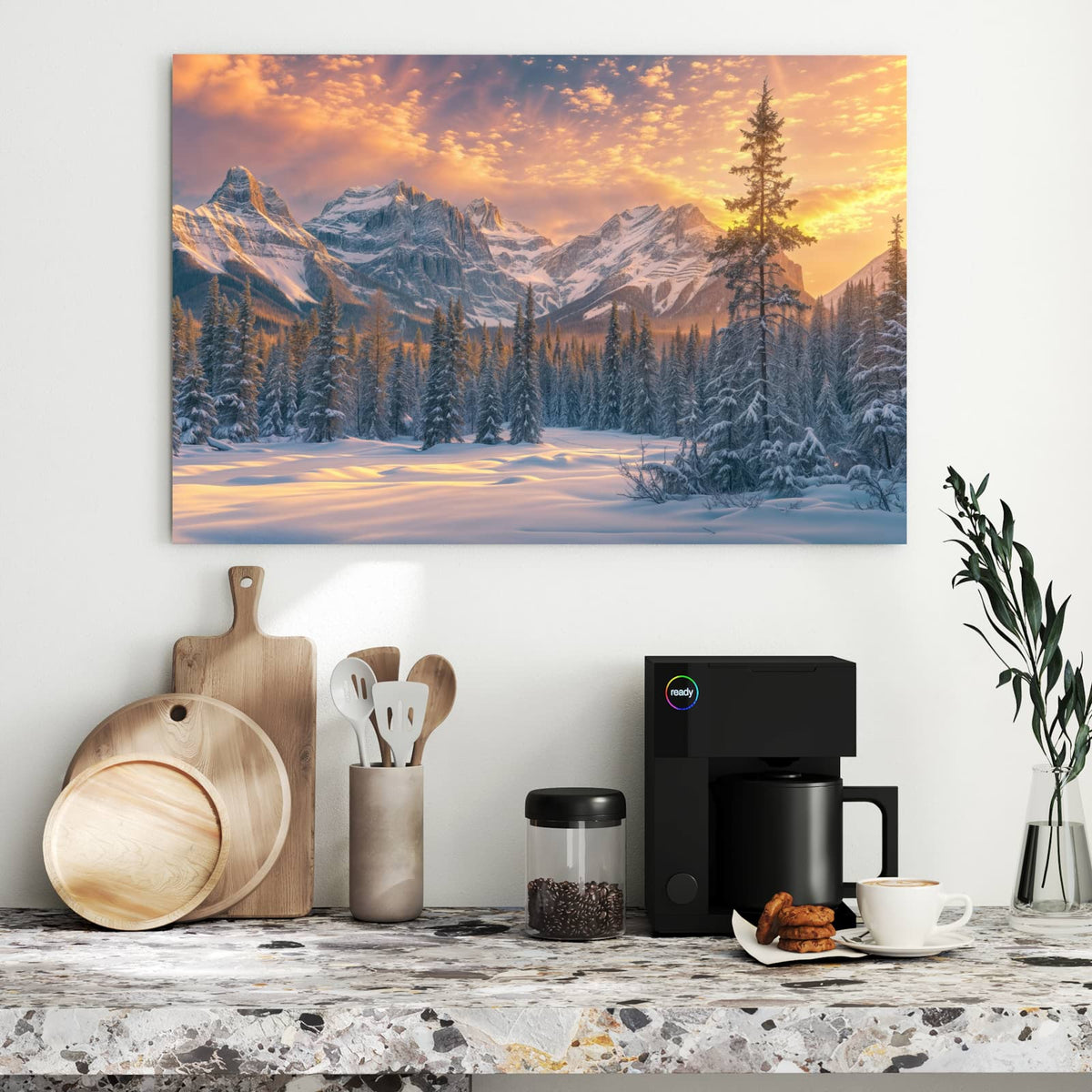 Metall Magnettafel - Winterwald vor Bergen – Verschneite Gipfel im goldenen Abendlicht