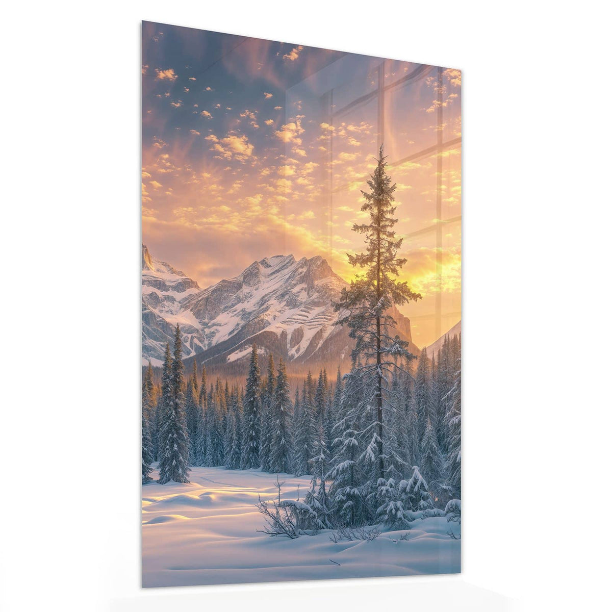11 Größen – von 30 × 60 bis 60 × 150 cm – Wandbild - Winterwald vor Bergen - Hochformat