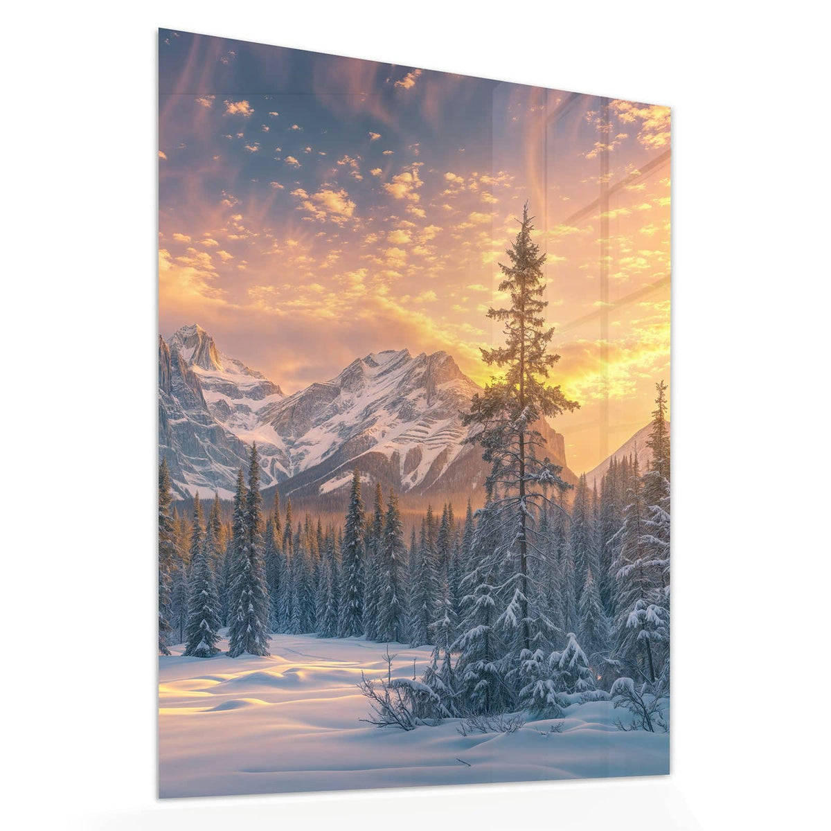 Echtglas, 4 mm – kein Acryl, keine Folie – Wandbild - Winterwald vor Bergen - Hochformat