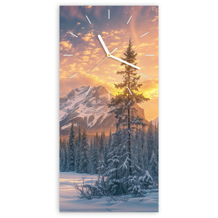 Wanduhr Berglandschaft Winter aus Glas – Hochformat 30 × 60 cm mit Ziffernblatt Linie