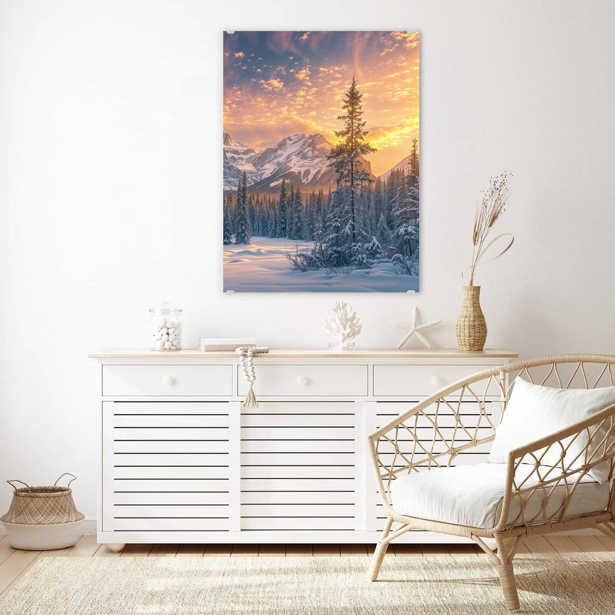 Aufhängung liegt bei – Motiv später wechselbar – Wandbild - Winterwald vor Bergen - Hochformat