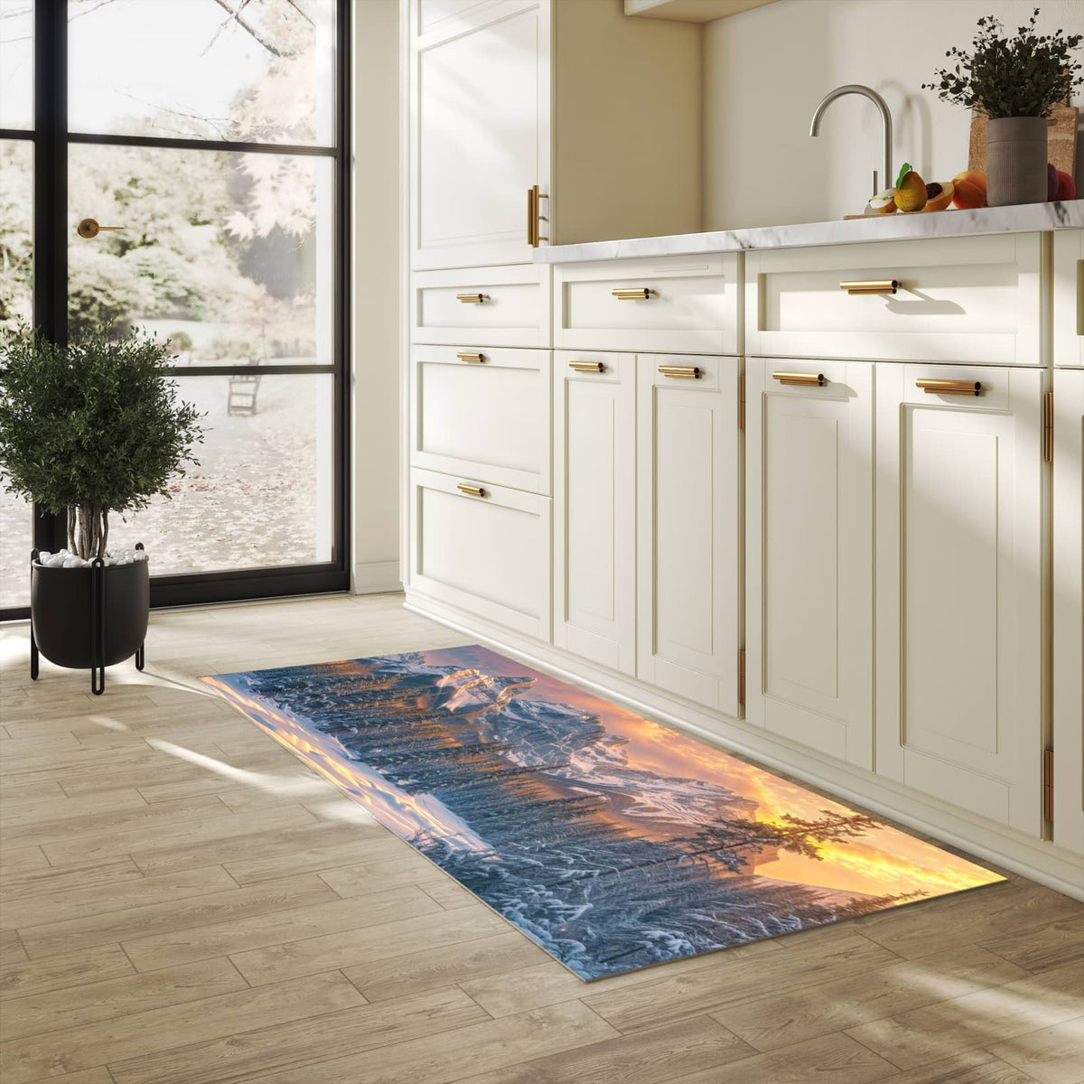 UV-beständiger rutschfester Küchenläufer mit Motiv Berglandschaft Winter in heller Küche